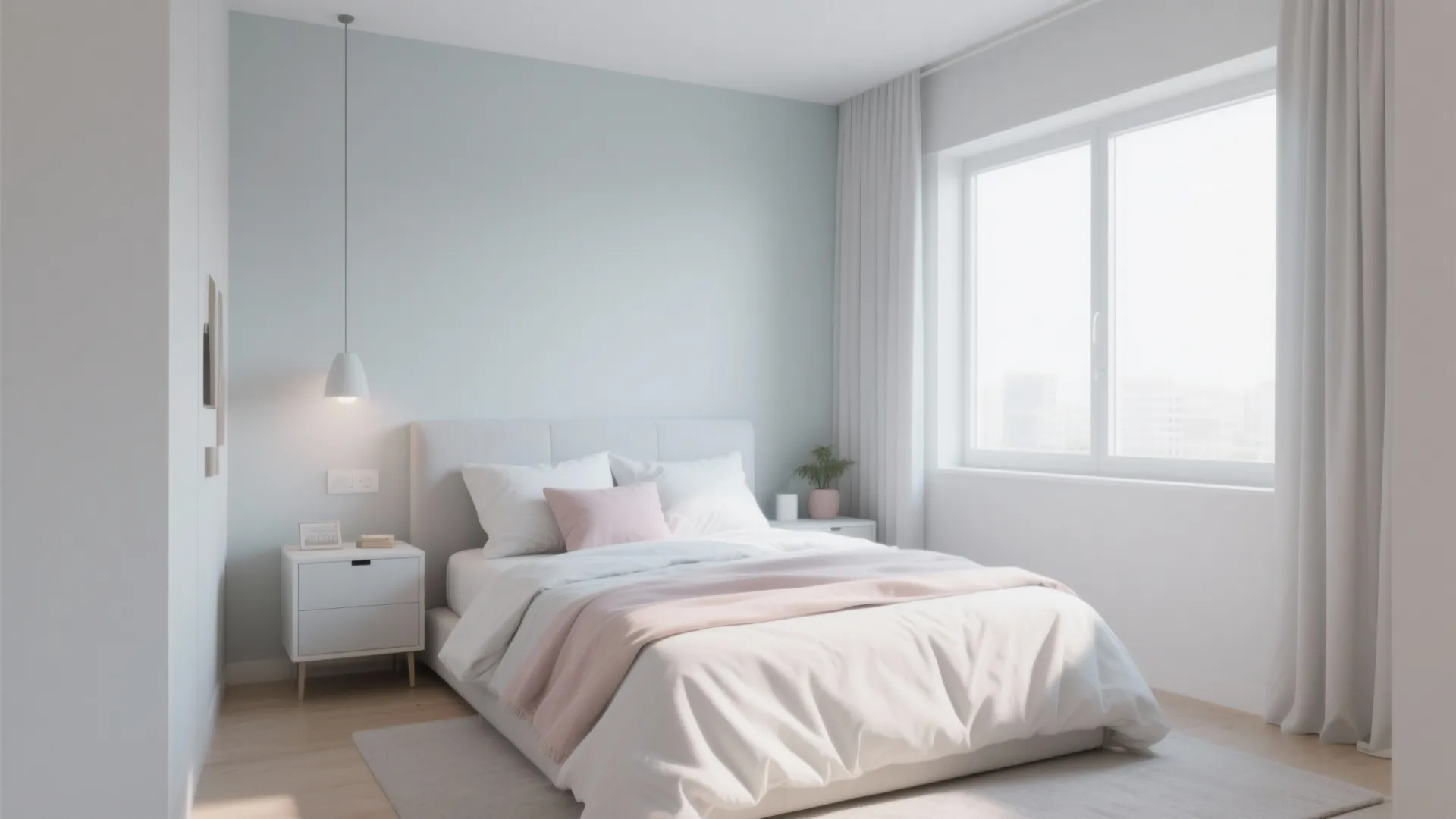 Light blue bedroom featuring white bed pink pillow white nightstand and a hanging ceiling light