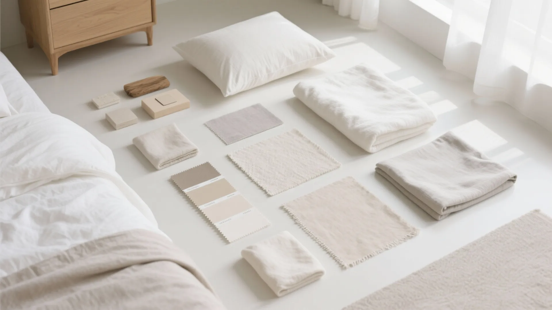 Light neutral bedroom palette with fabrics and wood textures