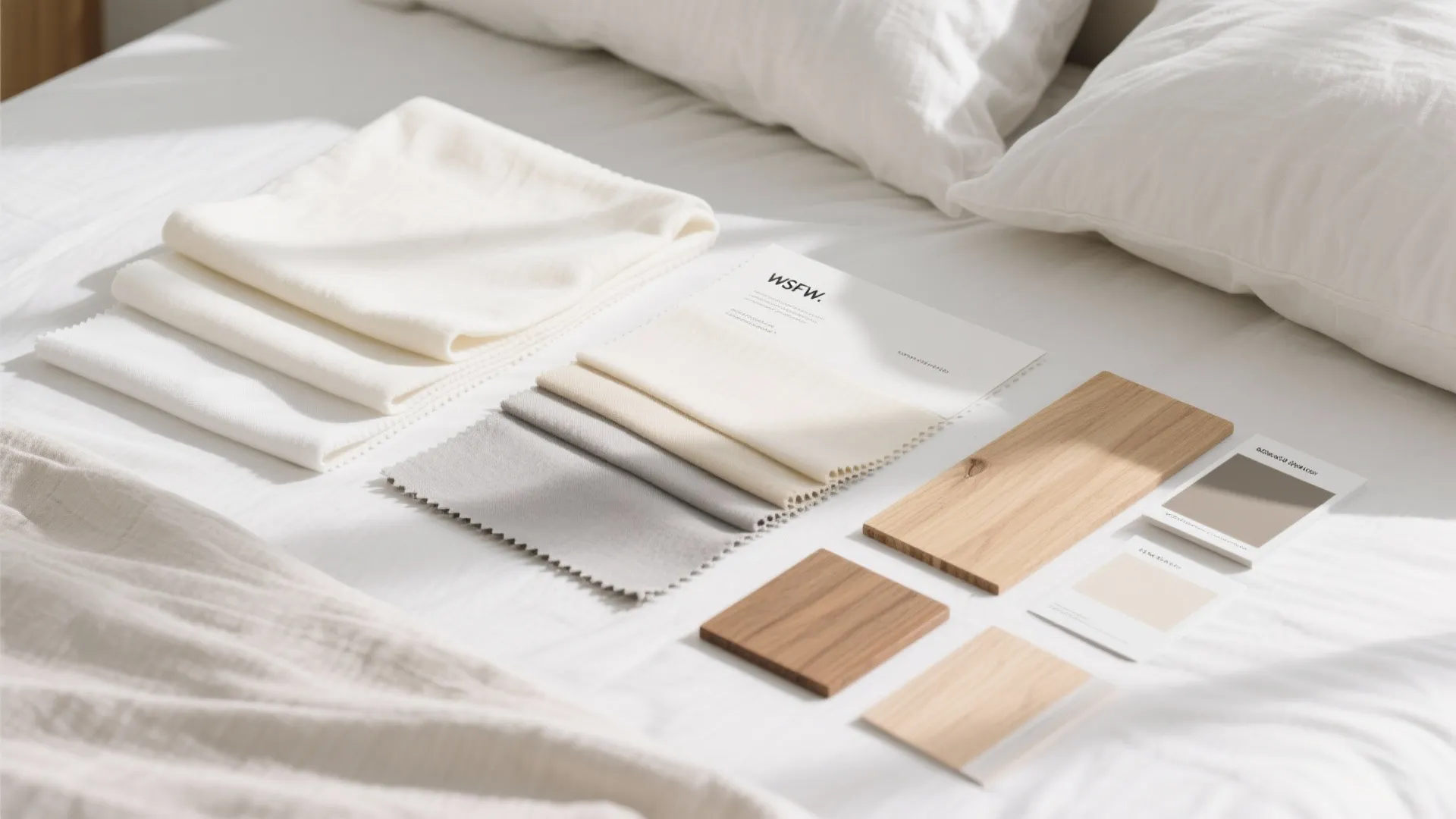 Interior design mood board with fabric swatches and wood samples placed on a white bed
