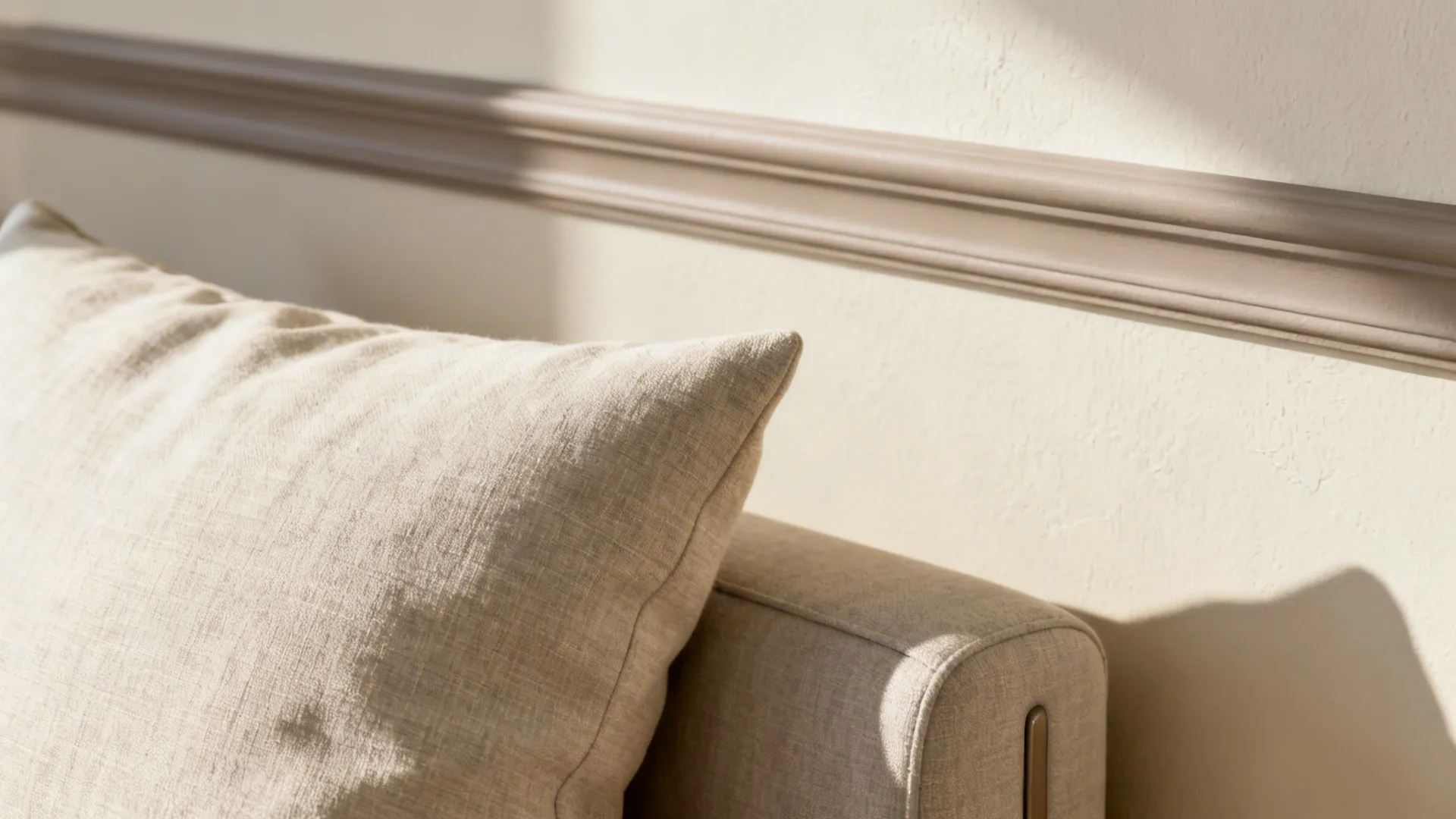 Corner detail with warm off-white wall, soft greige trim and linen cushion illustrating a continuous palette