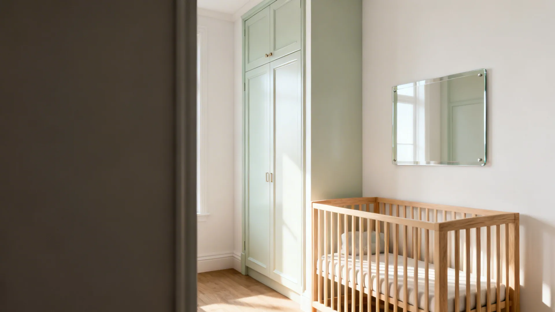 Small nursery transformed with warm white high-LRV paint and reflective accents for airy depth.