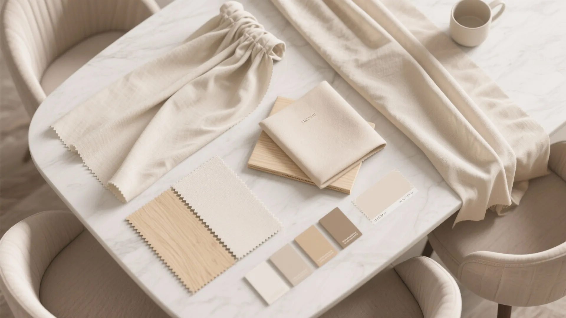 Interior design material board on marble table with beige fabric swatches wood samples and palettes