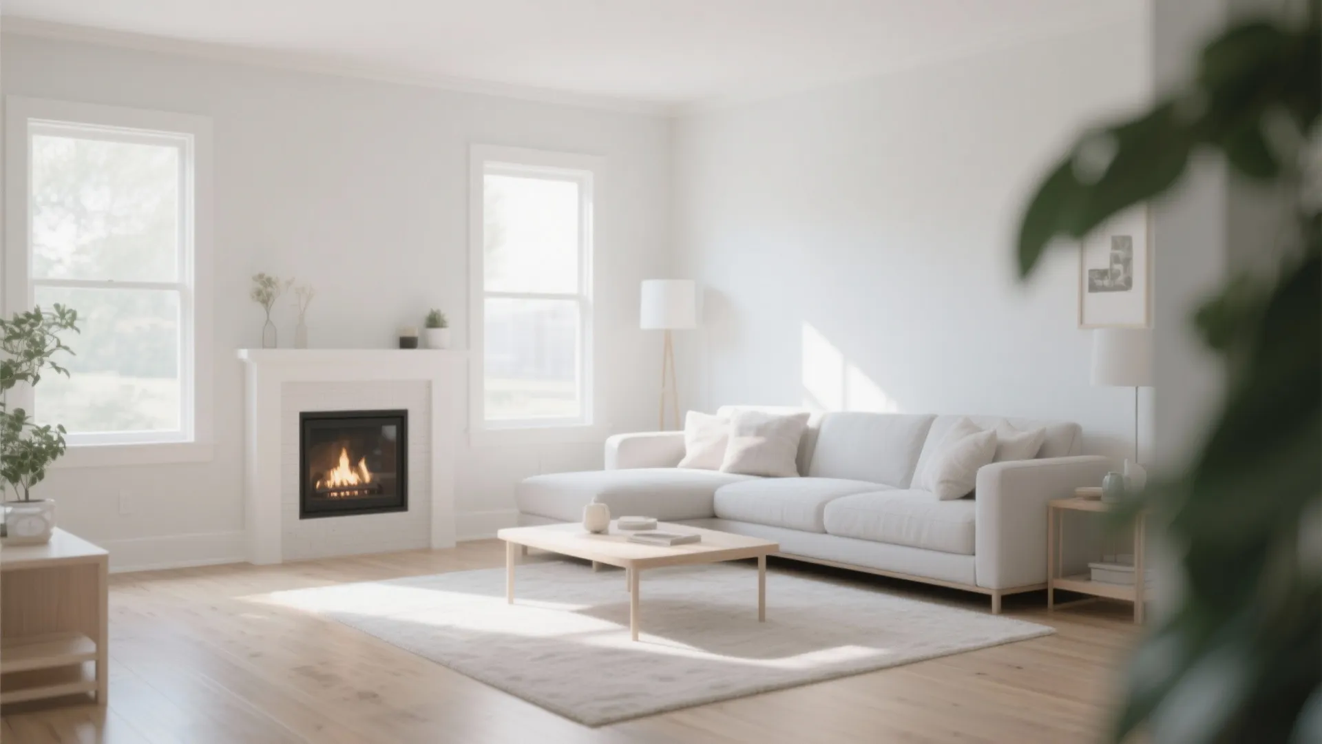 Bright white living room featuring a fireplace large sofa wooden coffee table rug and windows