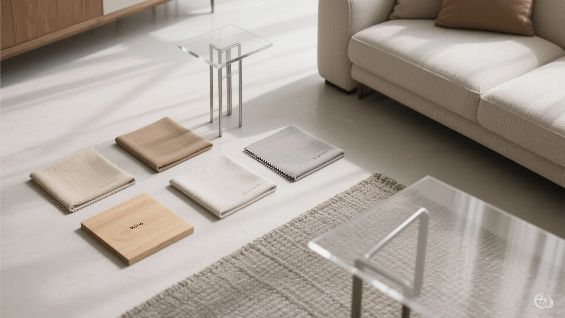 Interior design mood board with fabric samples wood board glass side table and beige modern sofa