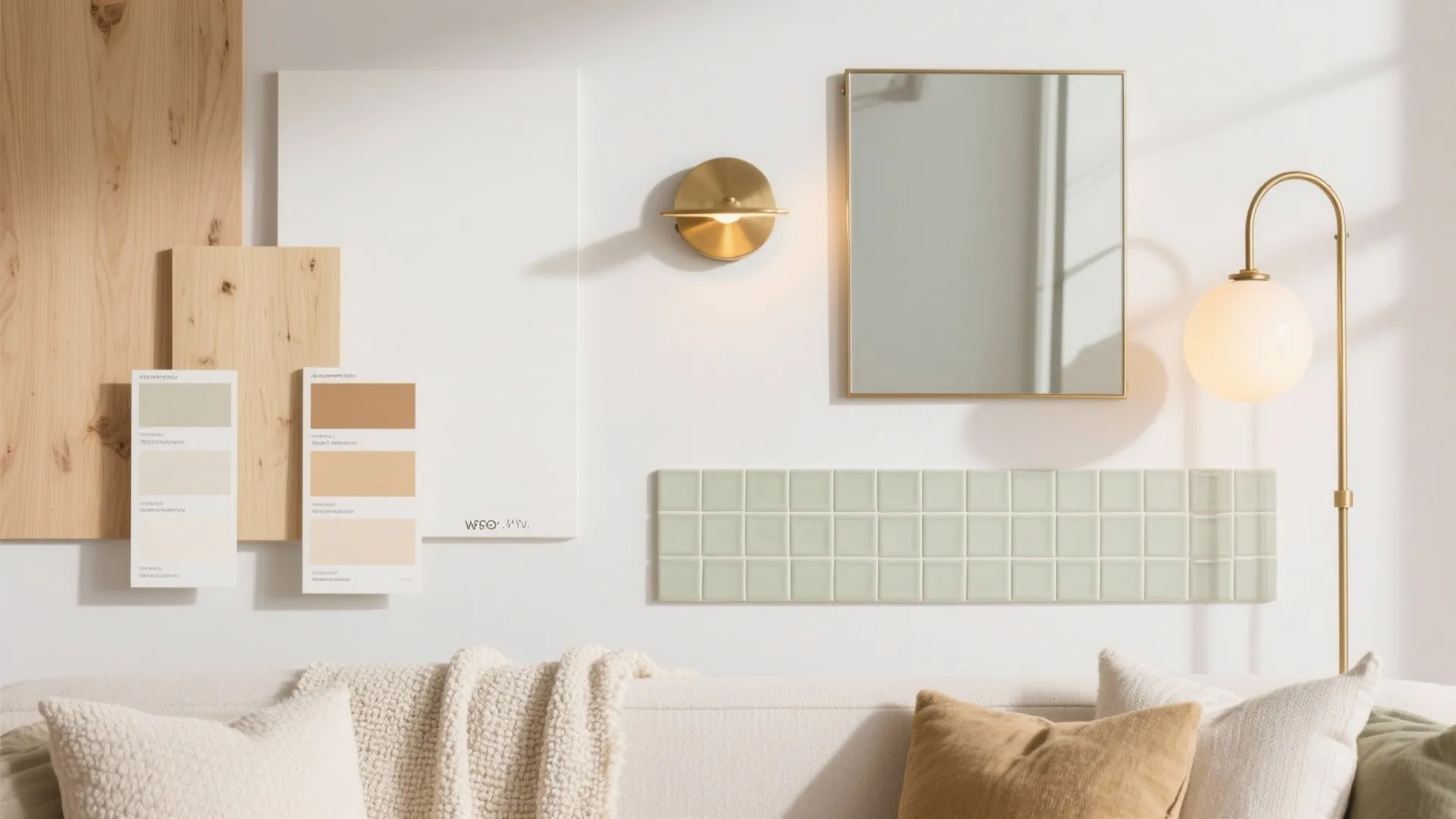 Mood board on white wall with wood samples color palette mirror wall light floor lamp