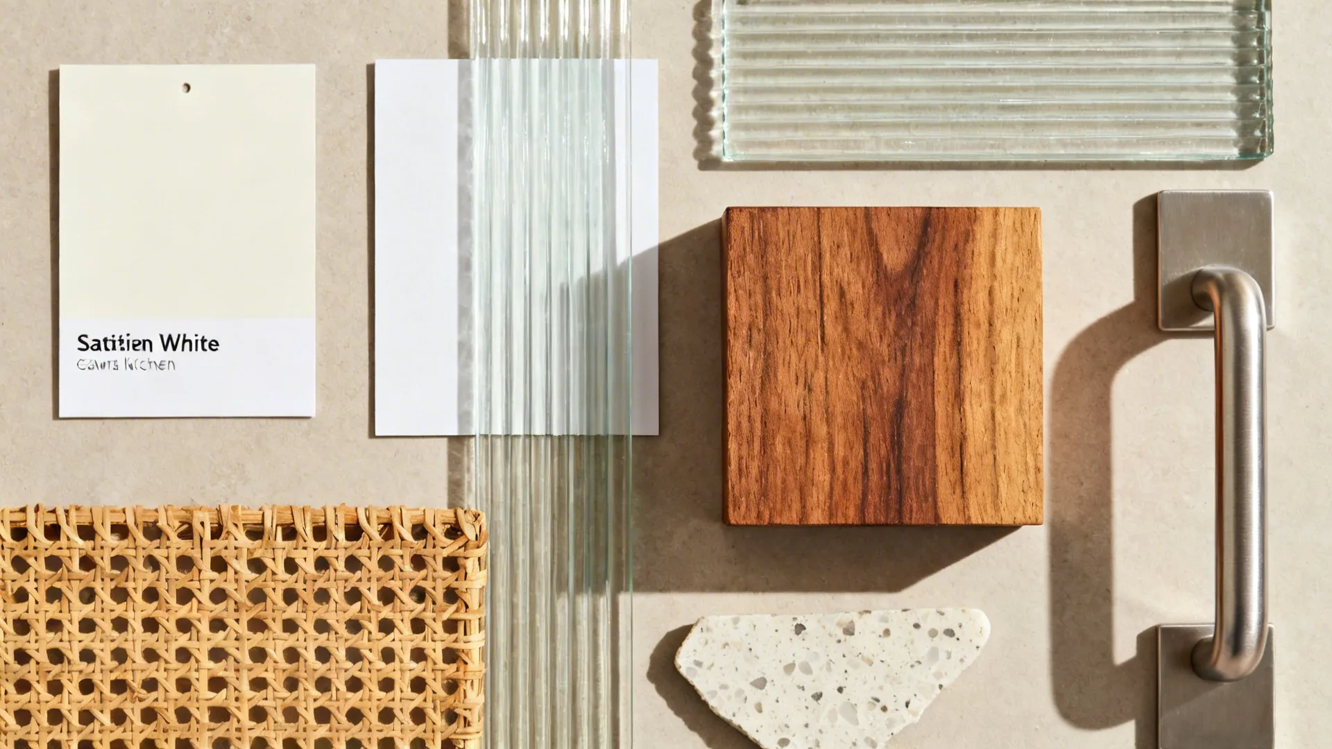 Flat lay of warm-white paint, matte wall swatch, glass, fluted glass, kiaat wood, rattan, and terrazzo-look quartz.