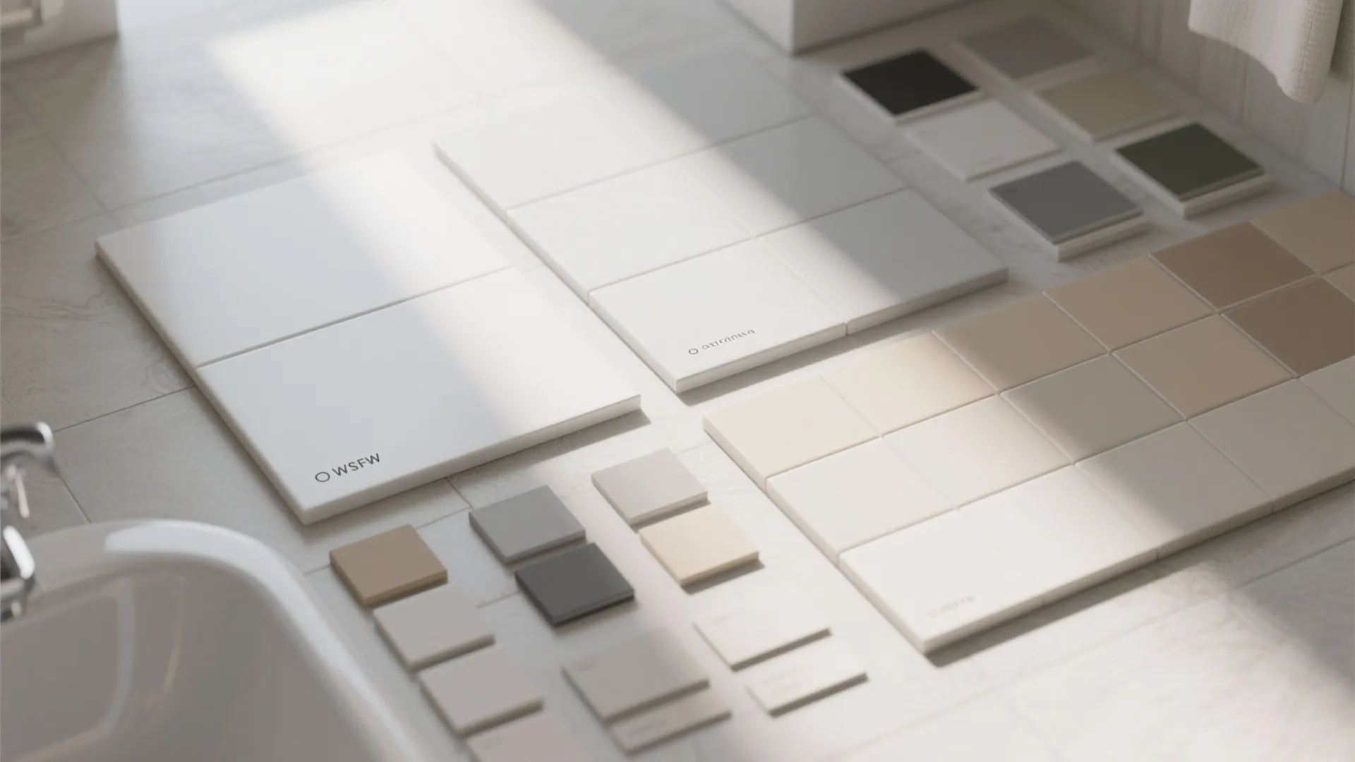Interior design material board with white beige and grey tile samples on a bright floor surface