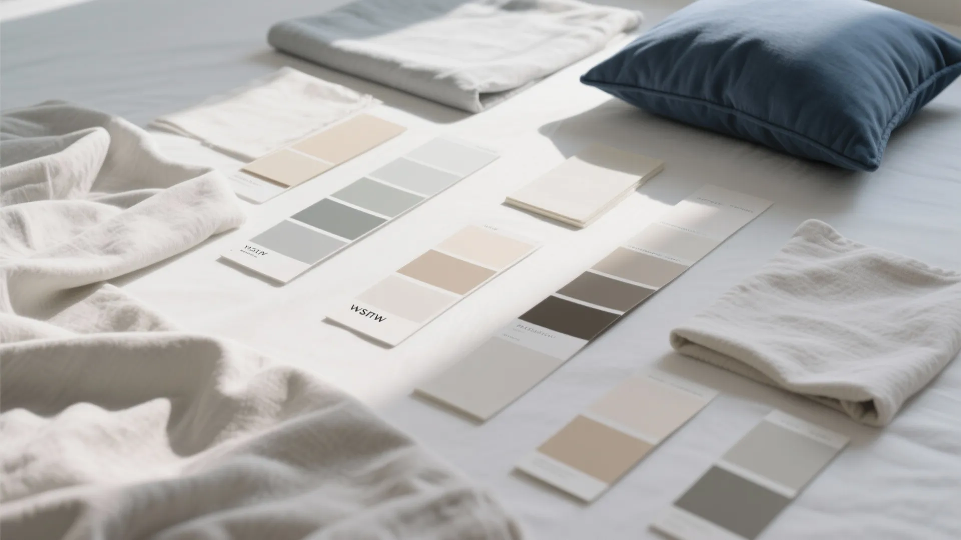 Color paint swatches and fabric samples laid out on a bed with a blue pillow