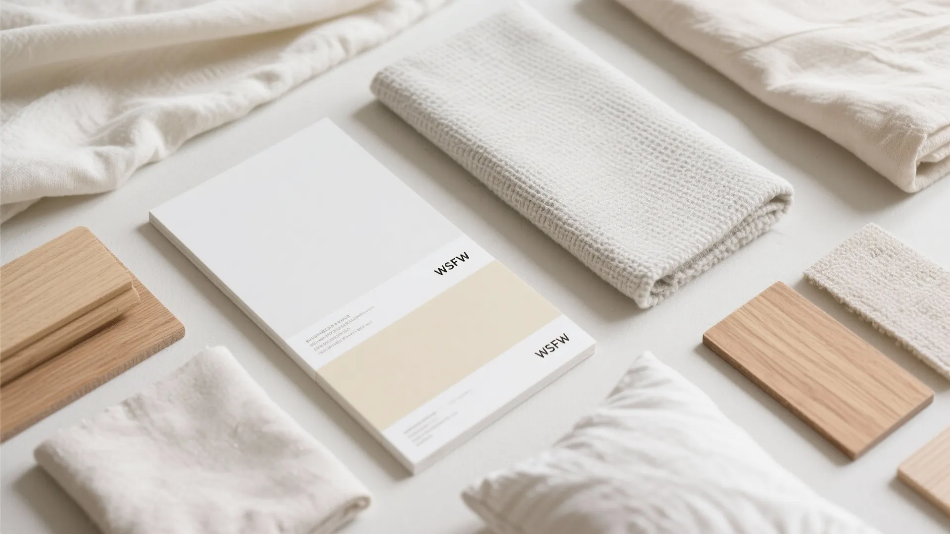 Light bedroom color palette with fabrics and wood samples
