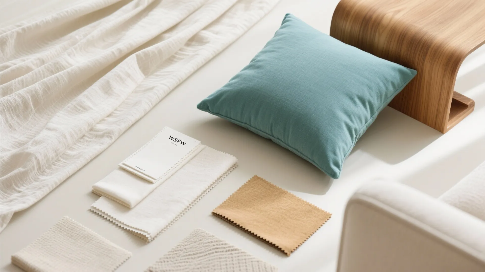 Flat lay of off-white fabrics, teal accents, and wood tones