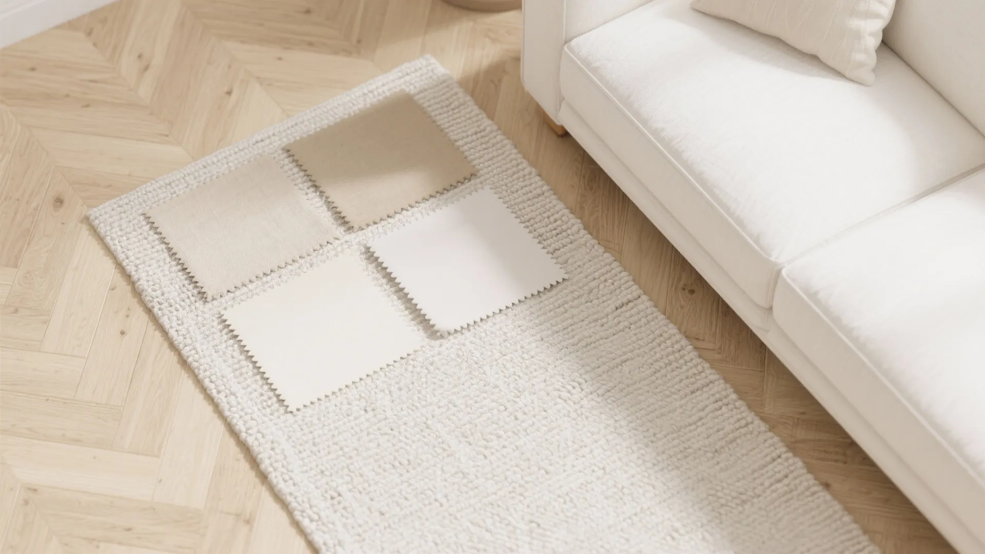 Four neutral fabric samples placed on a textured white rug beside a white modern sofa