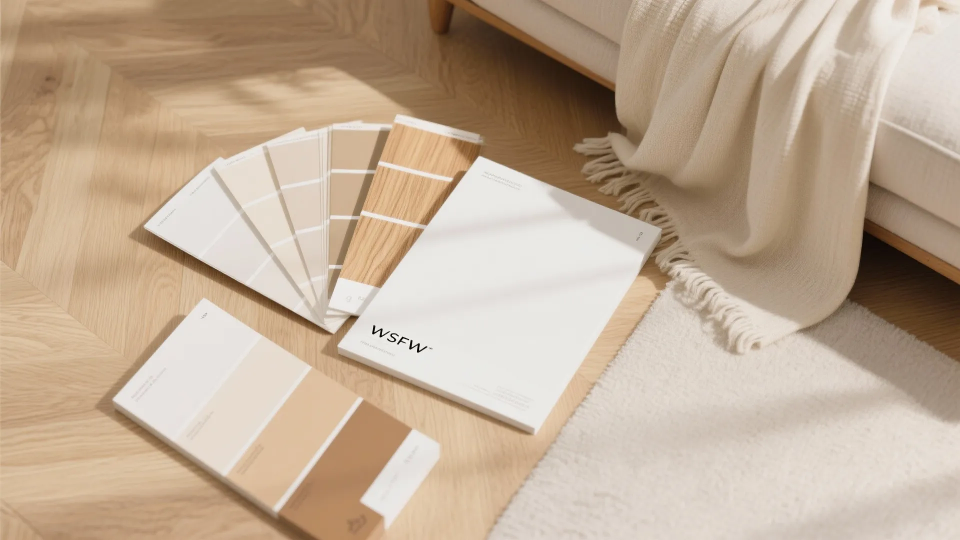 Interior design color swatches and samples on wooden floor near a white sofa and rug