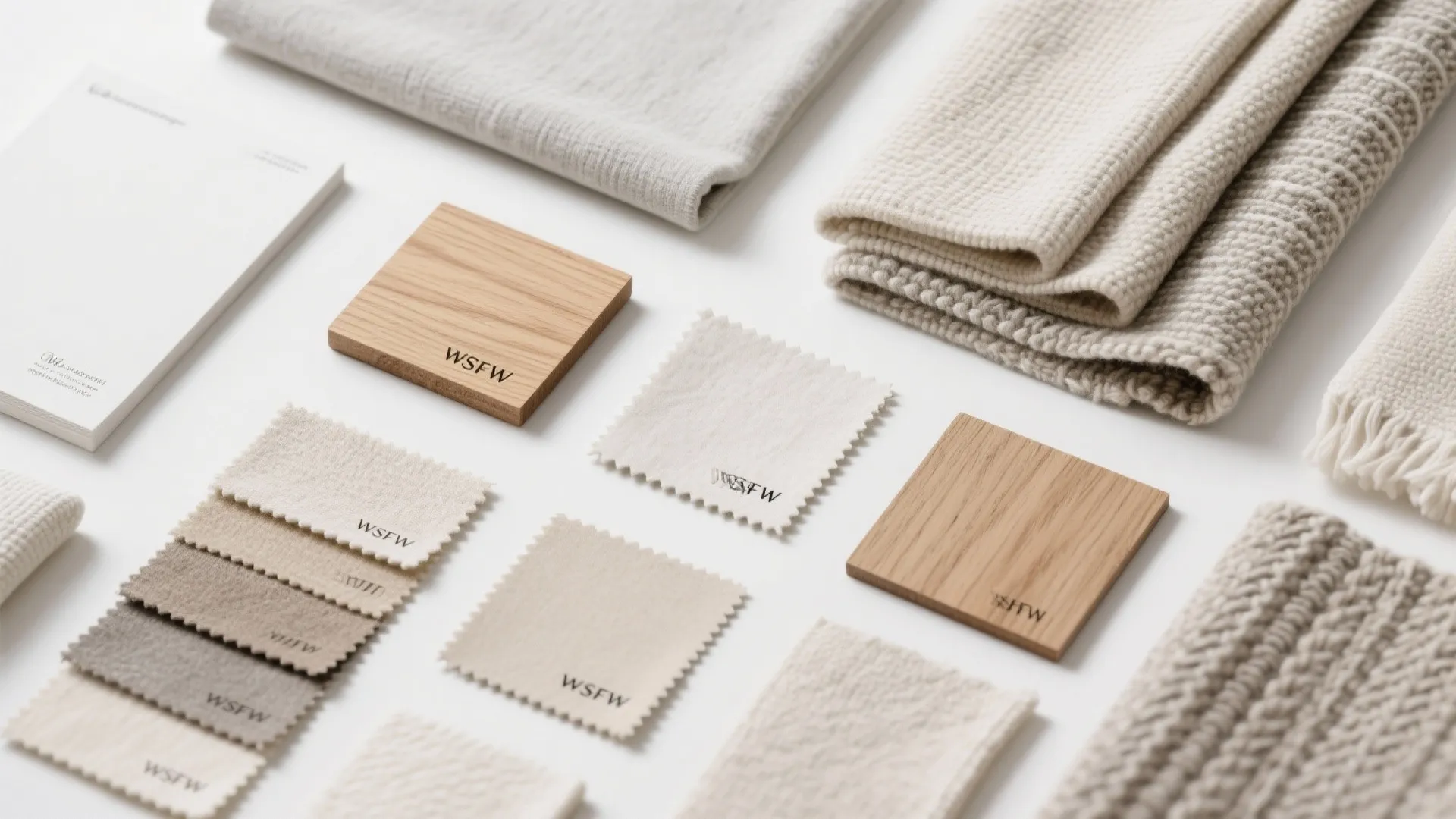 Interior design mood board with wood samples fabric swatches textured blankets and a white paper notepad