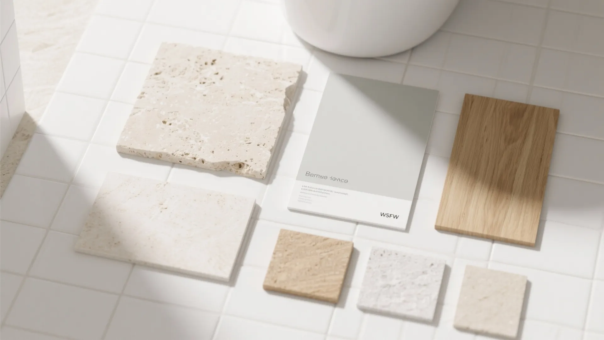 Material palette flat lay with stone tiles wood samples and color cards on white floor