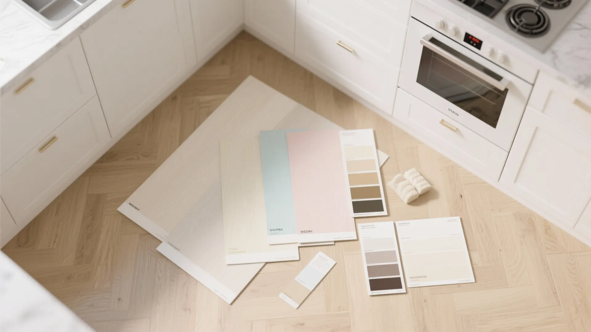 Interior design color palettes and material samples placed on a light wood floor kitchen scene