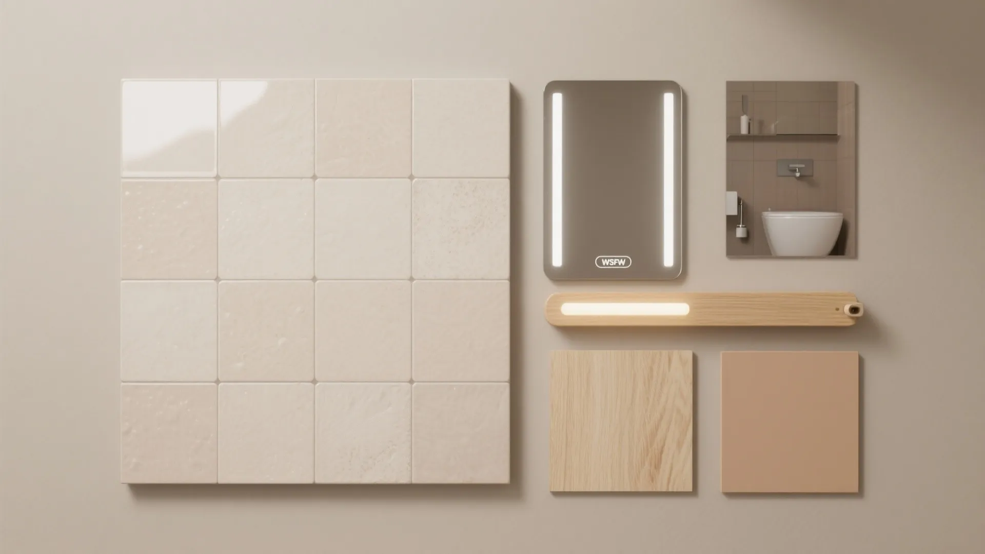 Interior design material board featuring beige wall tiles wood samples mirror and small light fixture display
