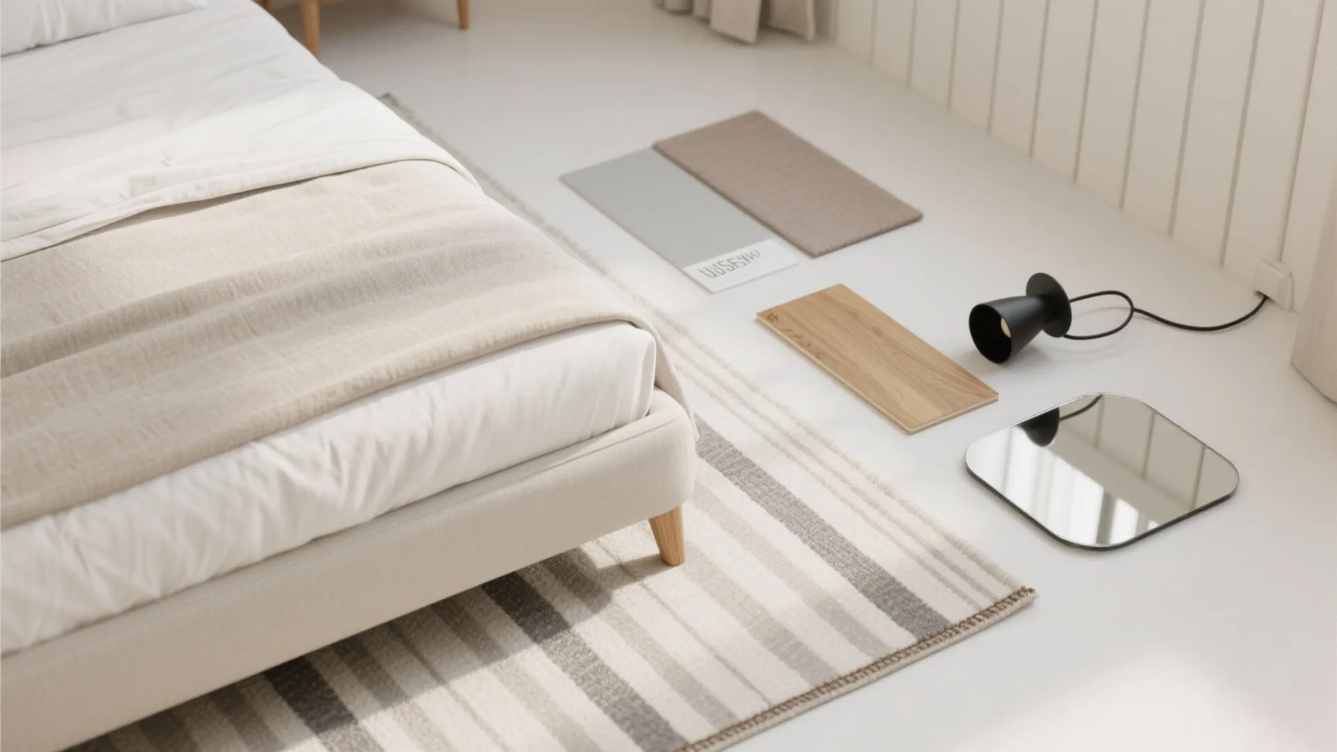 Visual lightness: pale palette, vertical lines, and legged furniture