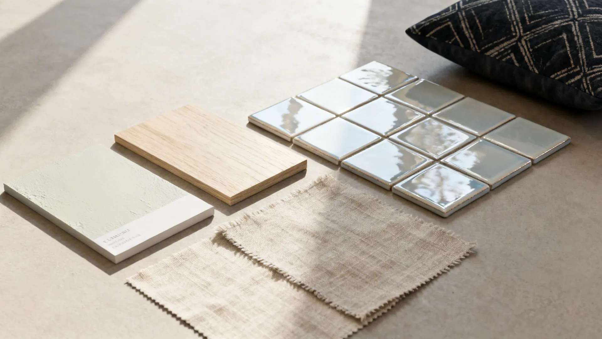 Material flatlay with light palette swatches and a dark accent cushion sample