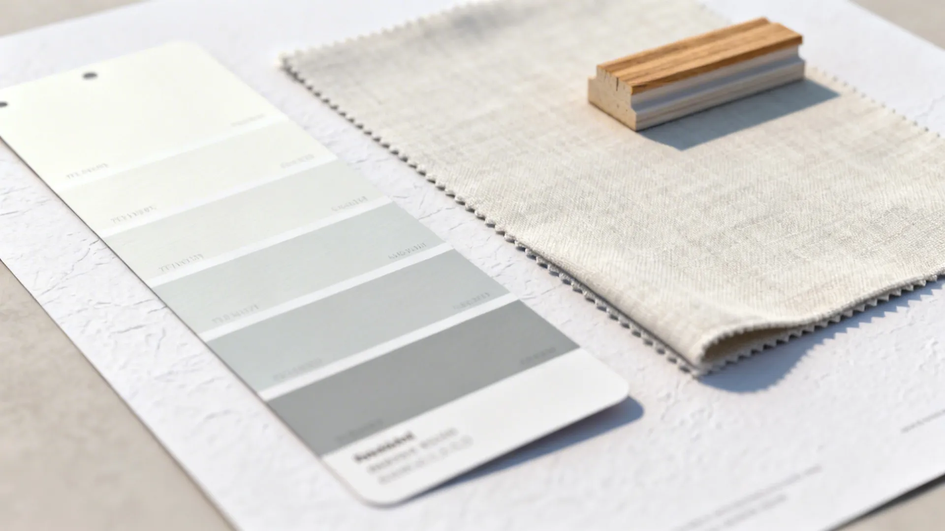 Flatlay of off-white and muted pastel paint swatches with washable fabric samples and wood trim.