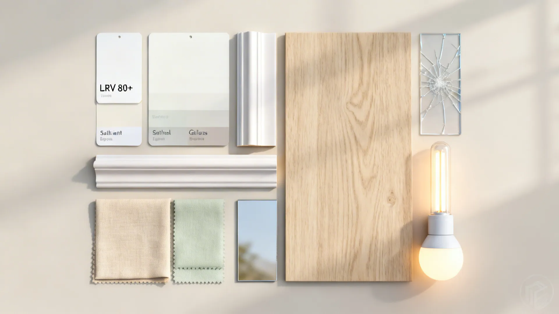 Flatlay of warm white paint chips, satin finishes, pale oak, acrylic mirror, and neutral textiles.