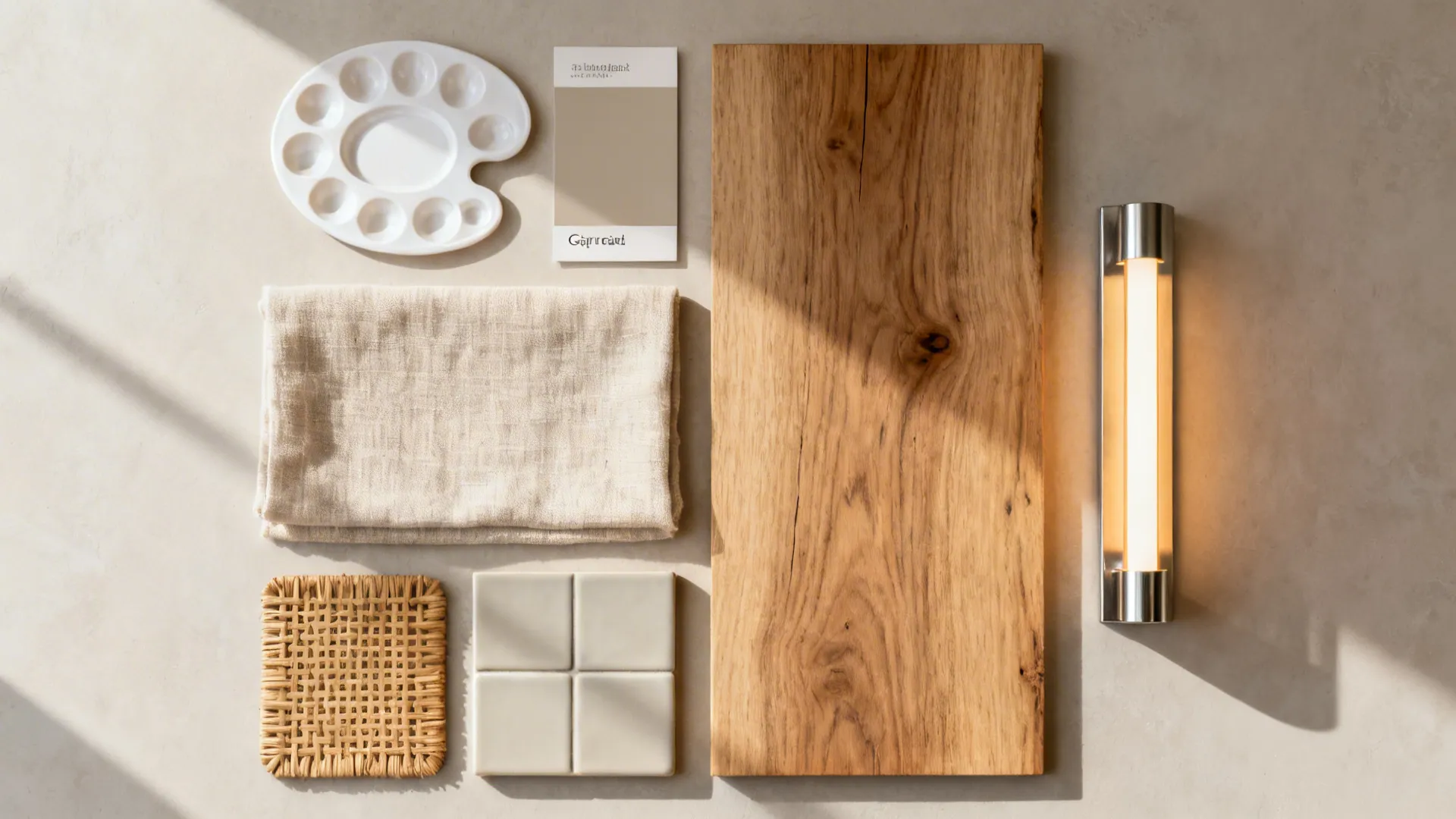 Flat lay of warm greige paint, oak, linen, rattan, matte ceramic, and warm LED components.