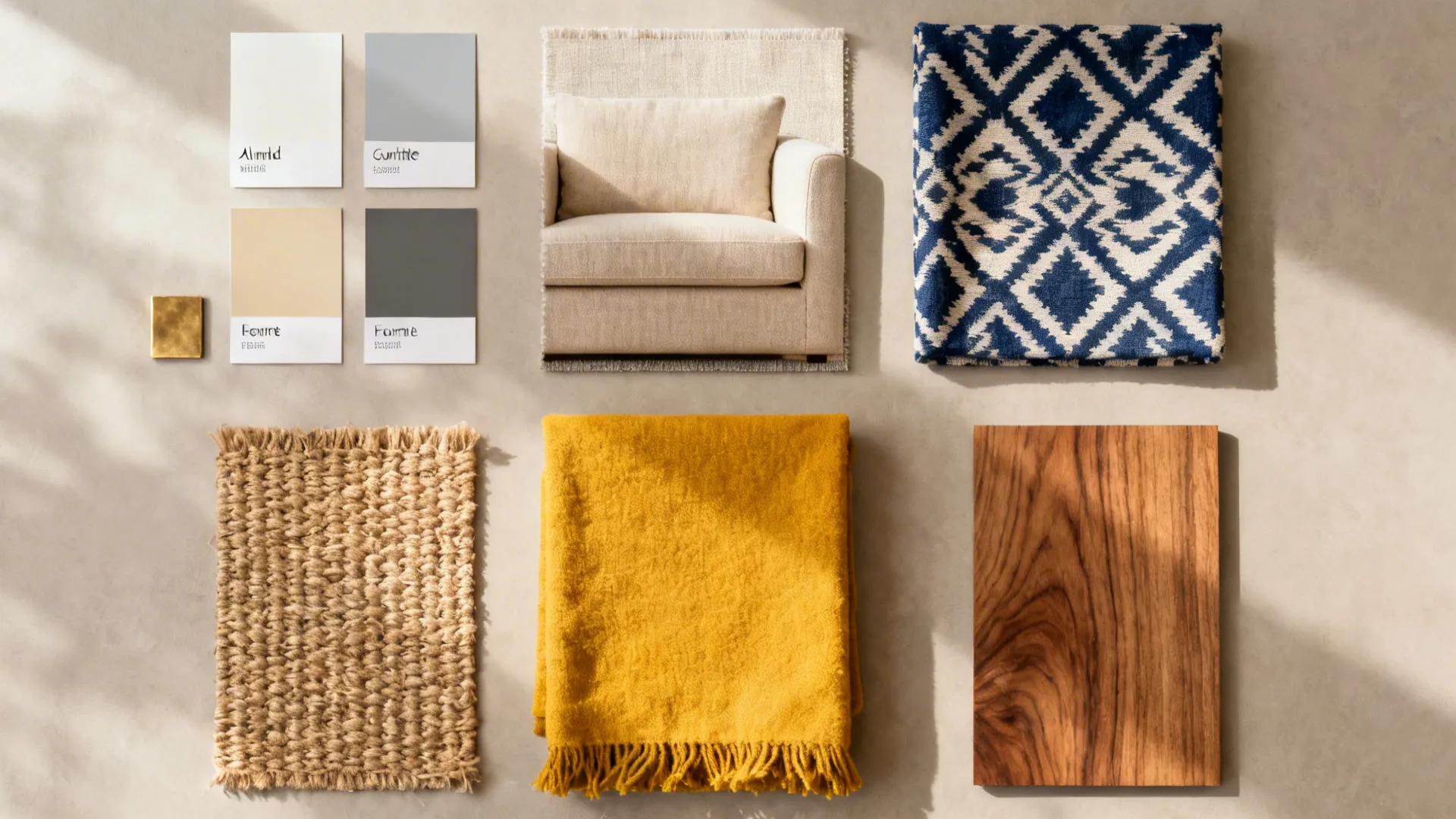 Flat lay of almond white and warm grey swatches with indigo ikat, turmeric fabric, jute rug, and brass finish.