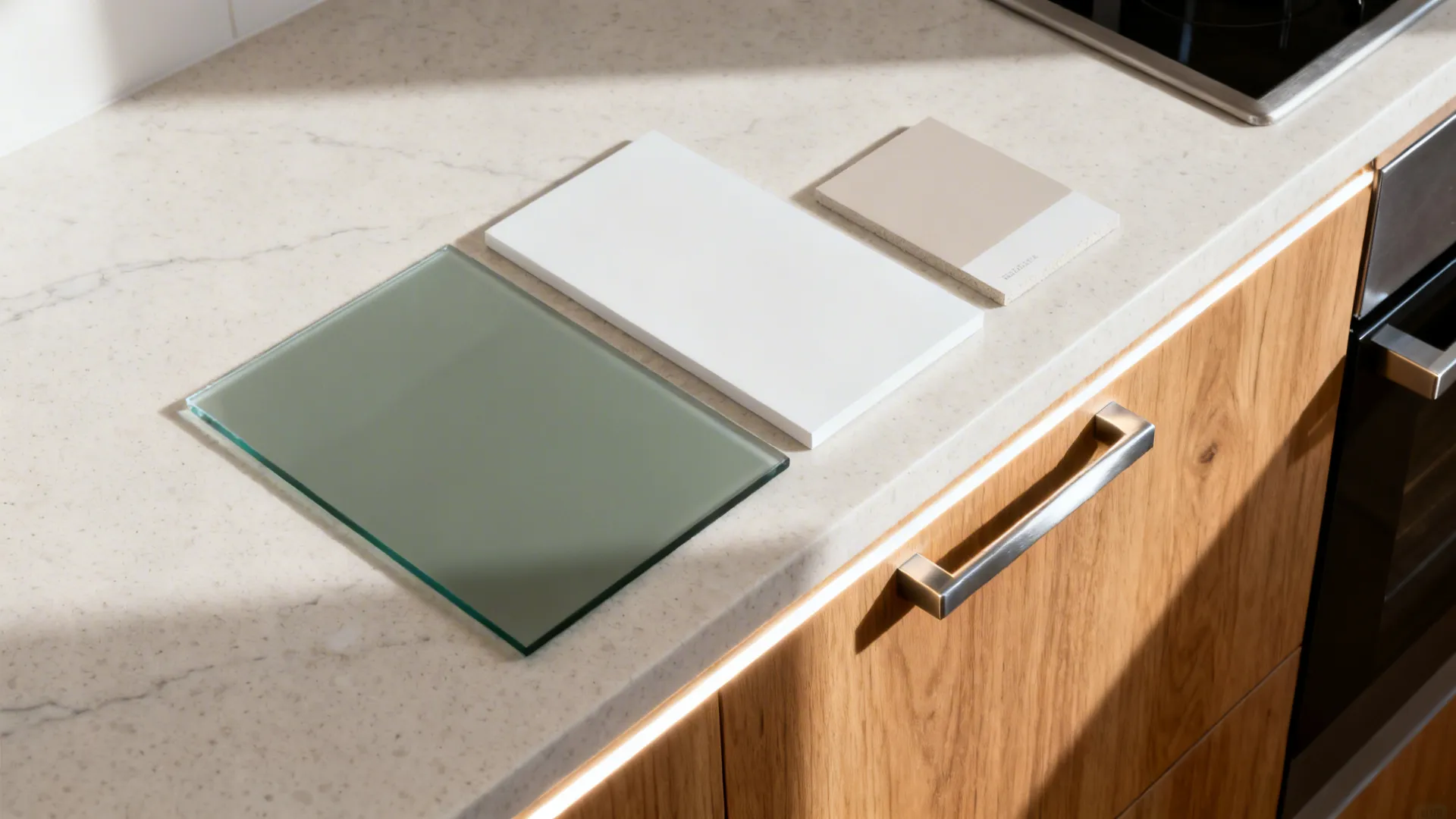 Flat lay of gray-green glass, white laminate, oak veneer, quartz, and warm LED strip.