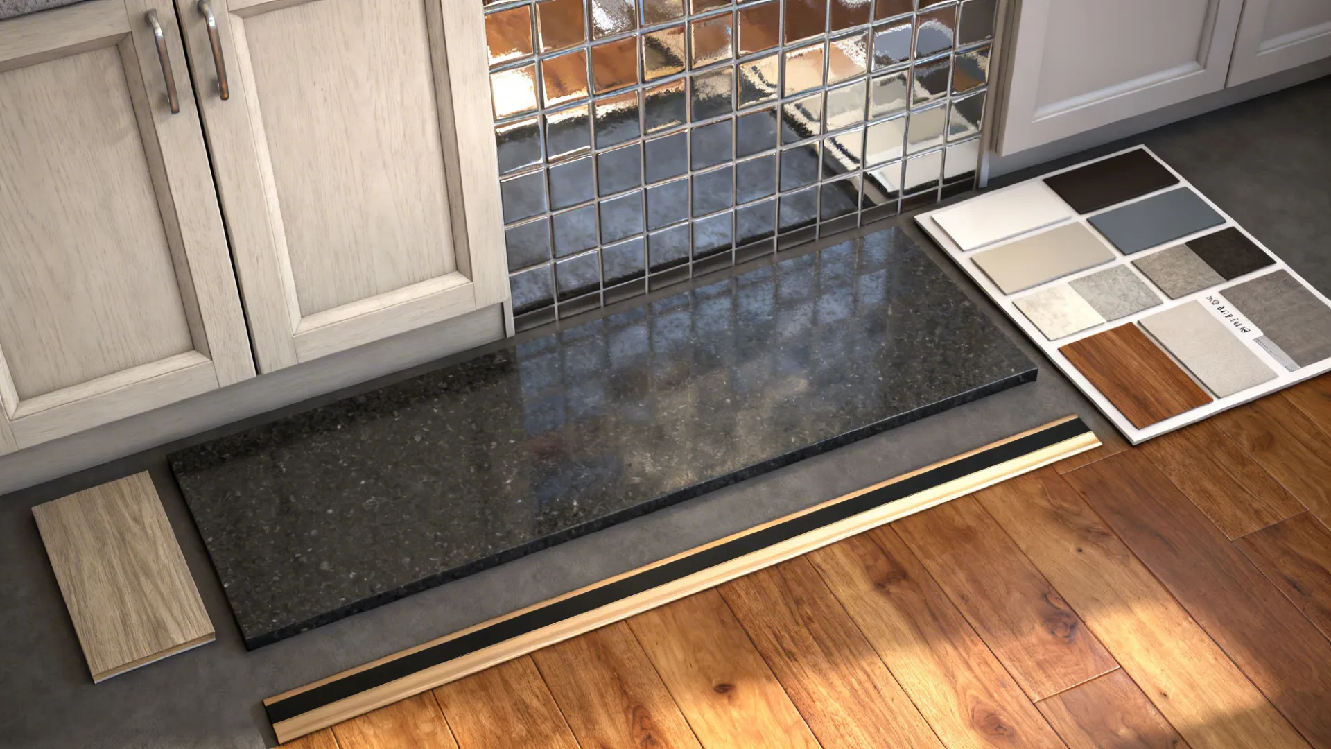 Material flatlay showing light cabinets, reflective backsplash and a darker countertop sample to add depth.
