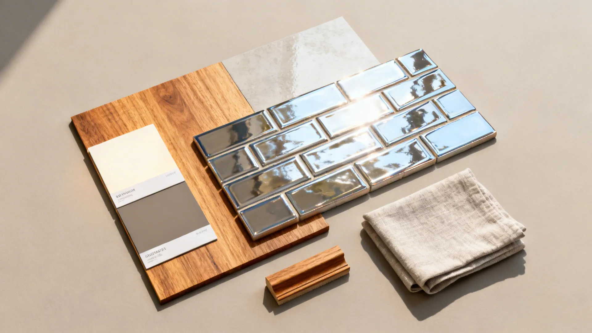 Mood board flatlay of light paint swatches and glossy backsplash tile samples for expanding a small kitchen visually.