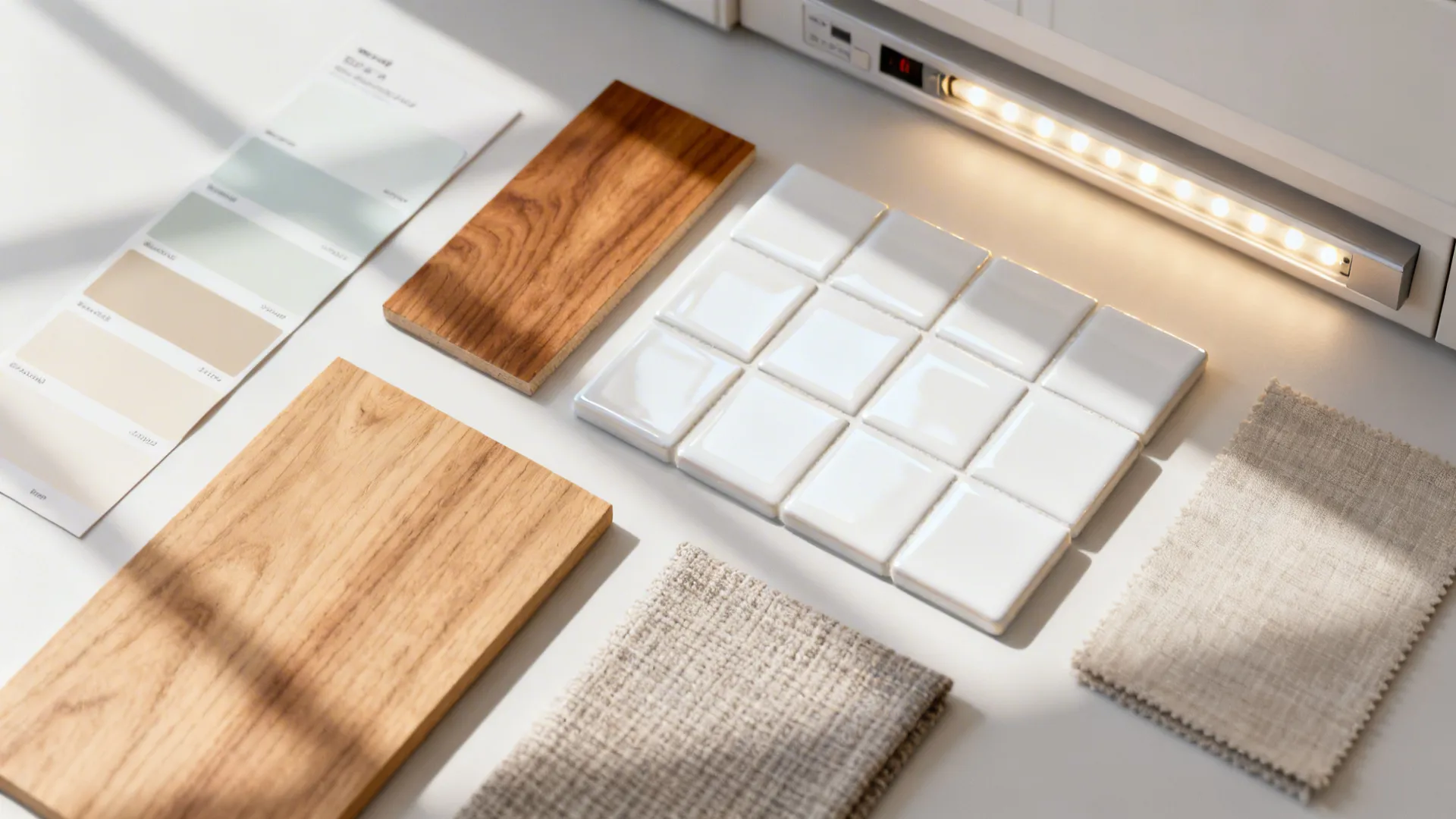 Flatlay of light palette and material samples for a small kitchen including glossy tile and wood veneer.