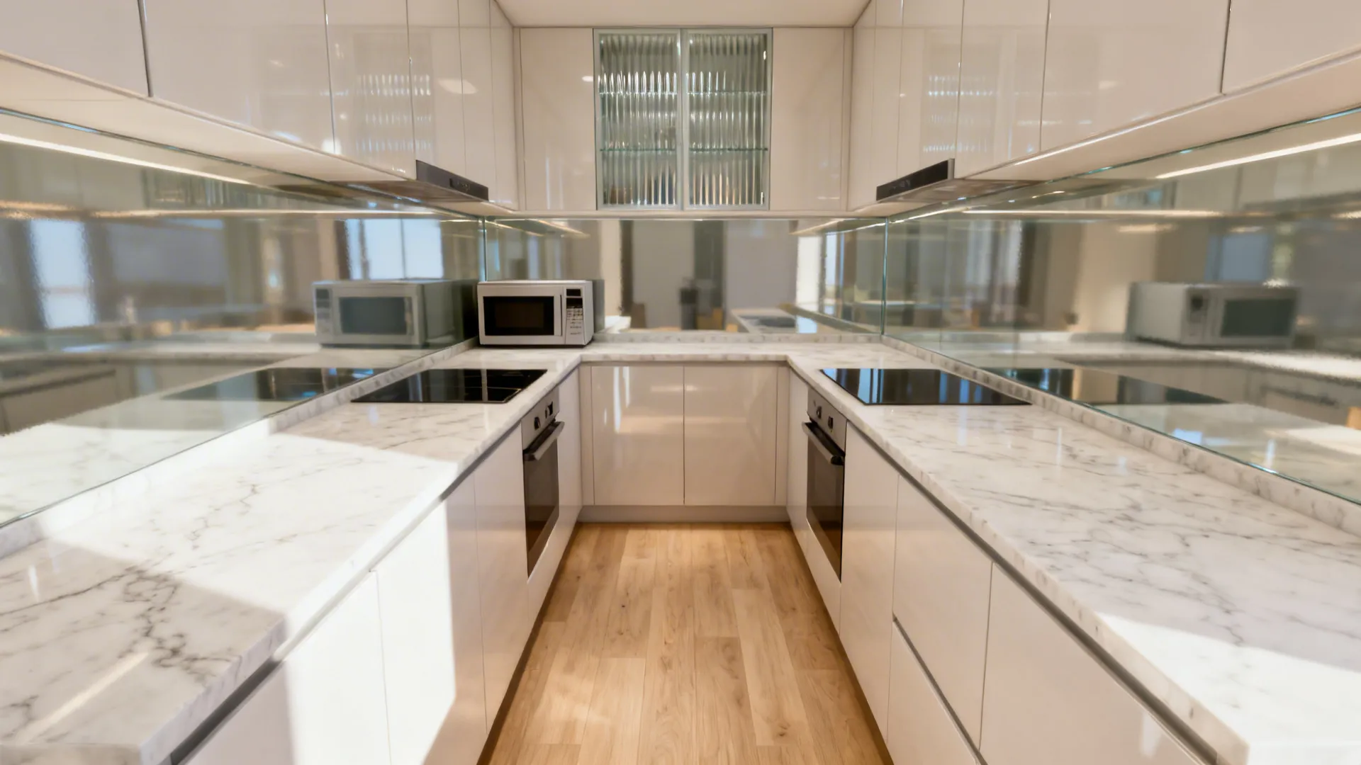 Bright L-shaped kitchen with glossy uppers and low-iron glass backsplash reflecting soft daylight.