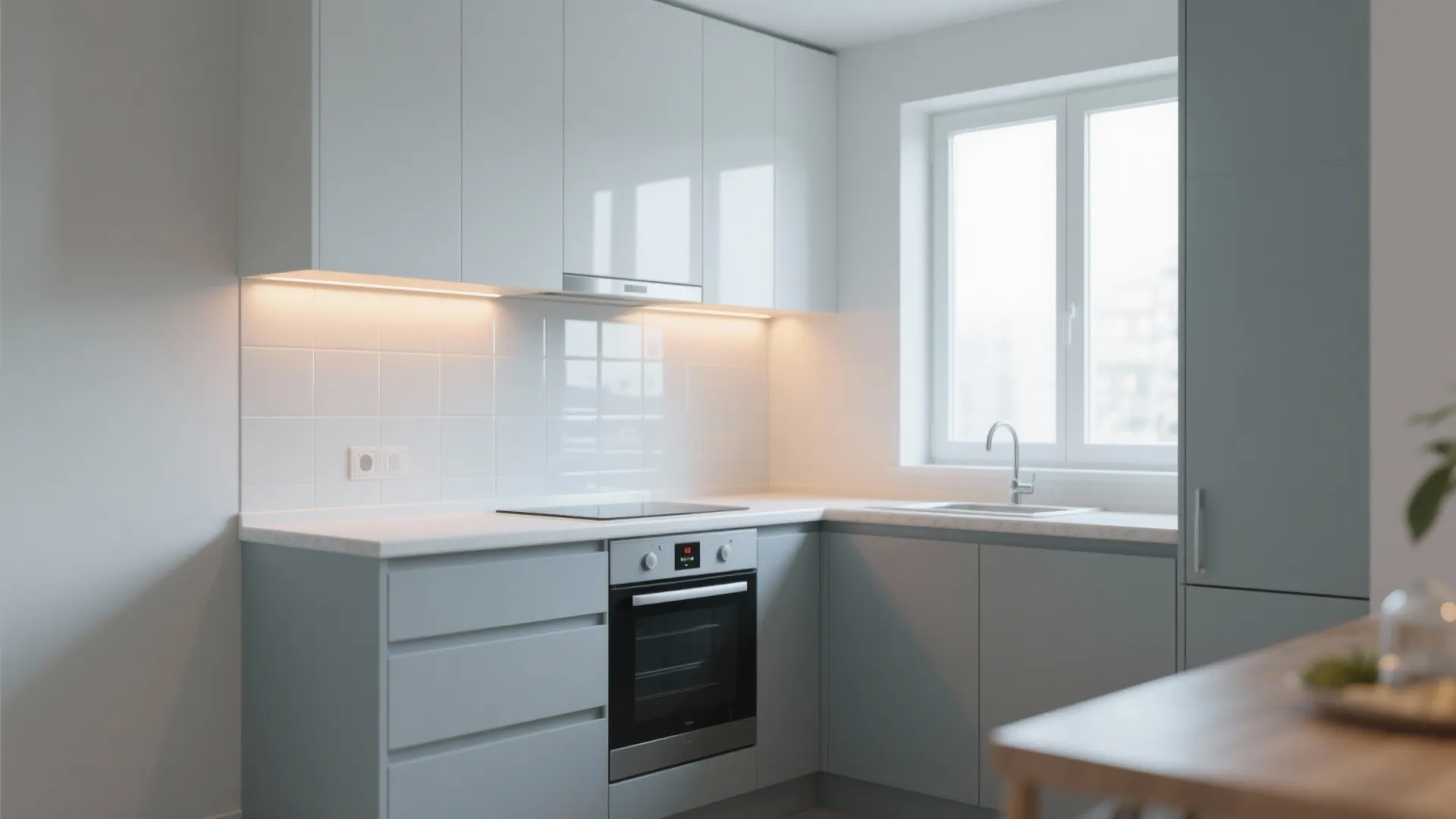 Modern light blue kitchen with white tiles under cabinet light fixture oven sink and window