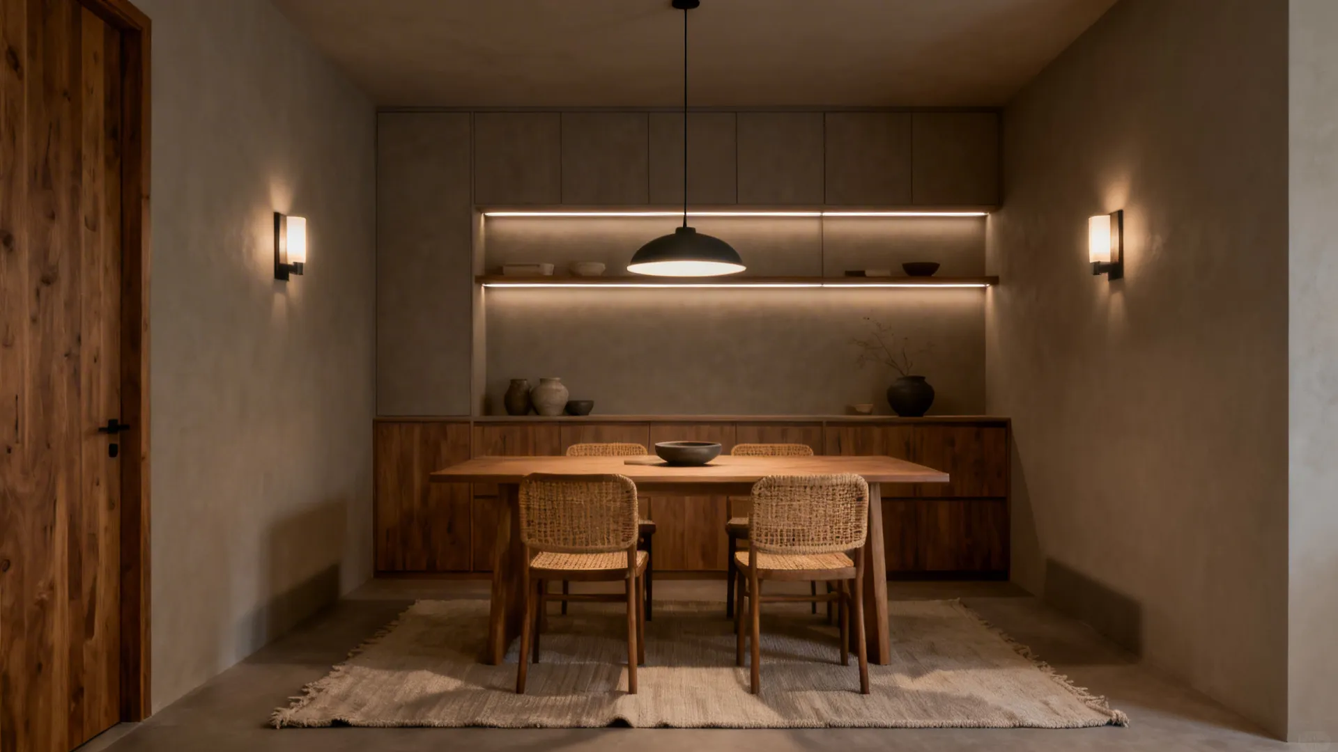 Compact dining room in warm greige with pendant, sconces, and LED wash creating layered light.