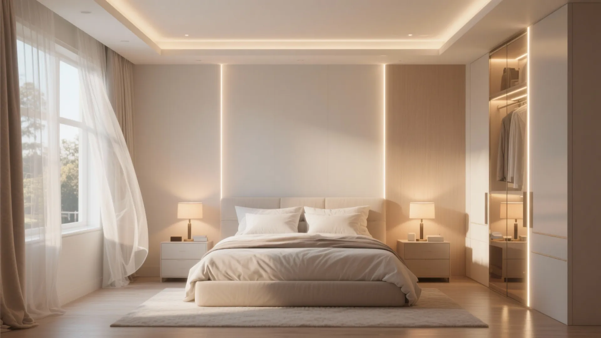 Bedroom with pale walls and layered ambient, task, and accent lighting