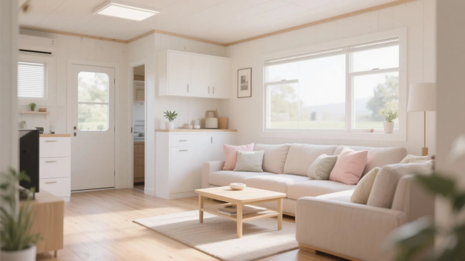Bright open living room with white sofa pink pillows wooden coffee table and large glass windows