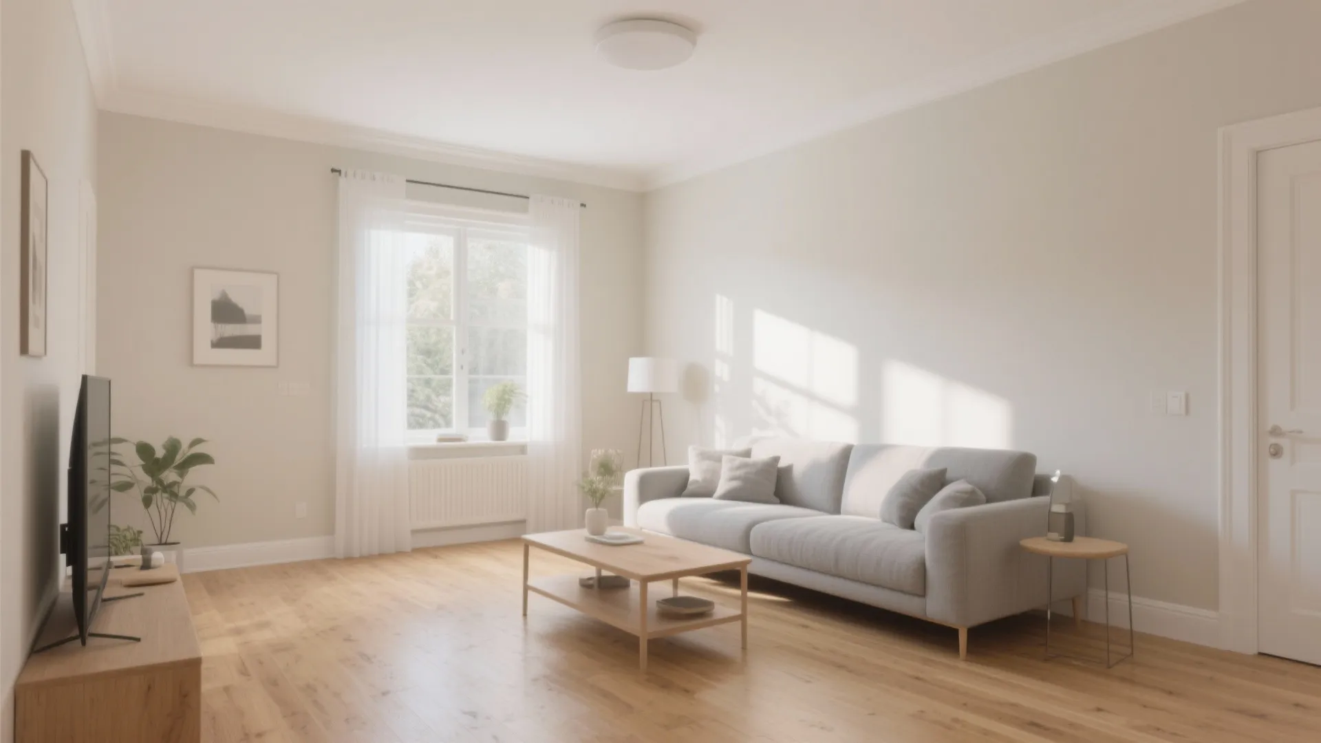 Bright living room with grey sofa wooden coffee table white curtains and natural sunlight coming in