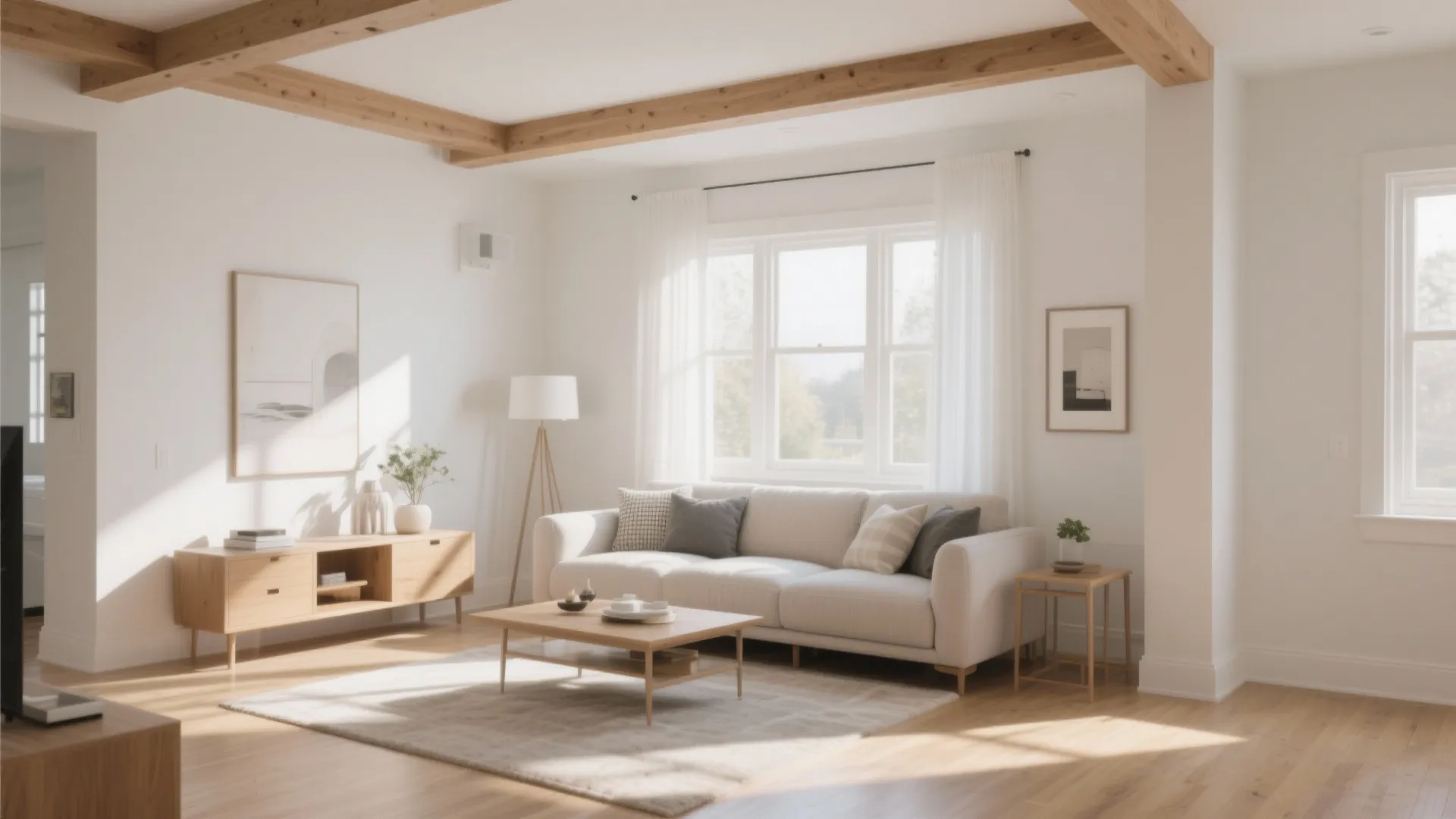Bright living room with white sofa wooden coffee table floor lamp rug and large sunny window