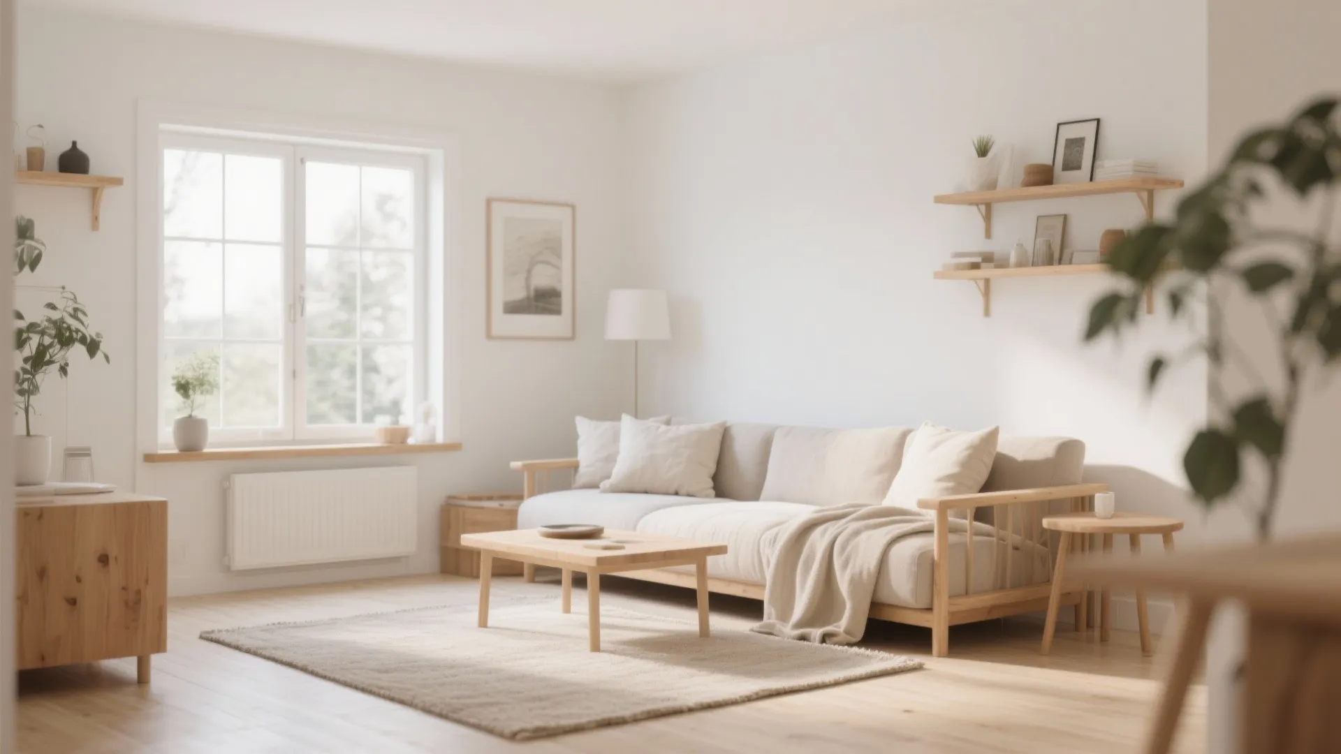 Bright minimalist living room with wooden sofa coffee table white walls shelving and natural window light