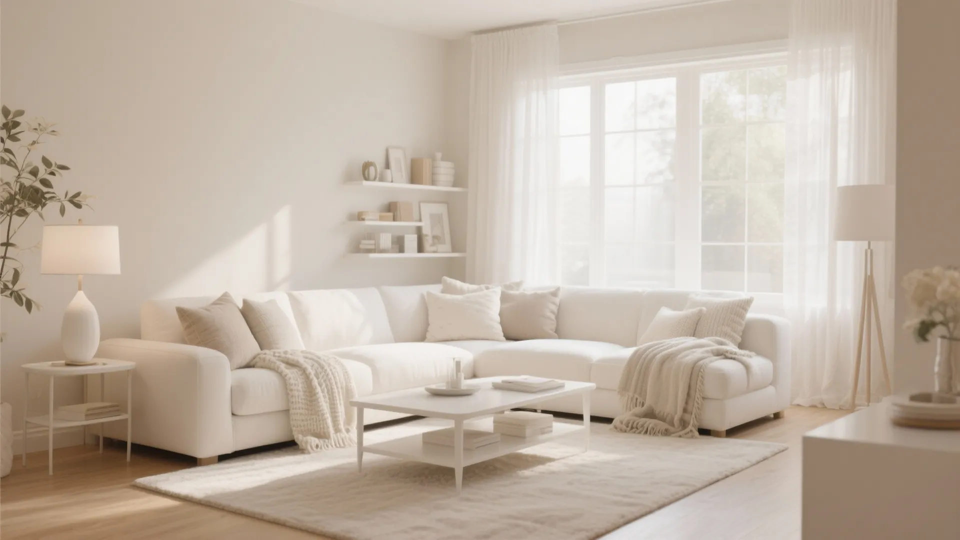 Bright white living room featuring a large sofa coffee table floor lamp and big sunny windows