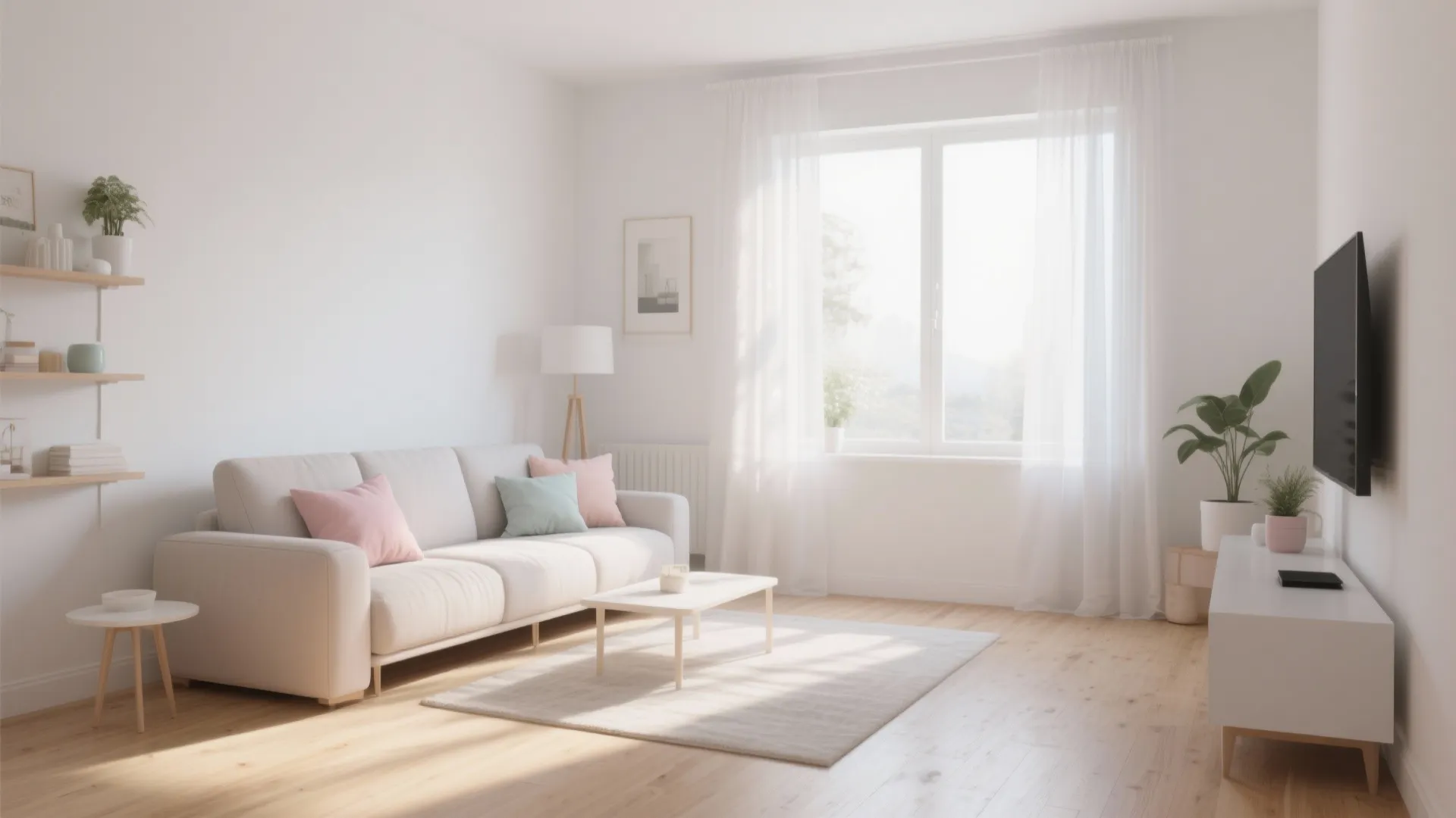 Bright minimalist living room with beige sofa, pink pillows, white coffee table, and large window