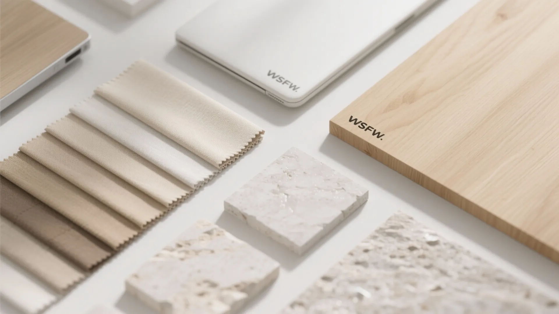 Interior design material palette with fabric swatches wooden board stone samples and a white laptop
