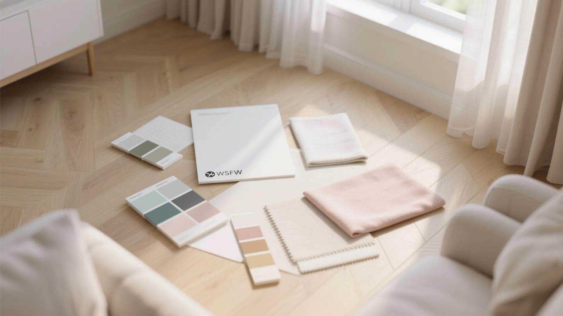 Interior design materials including color palettes and fabric samples on a light wooden floor surface