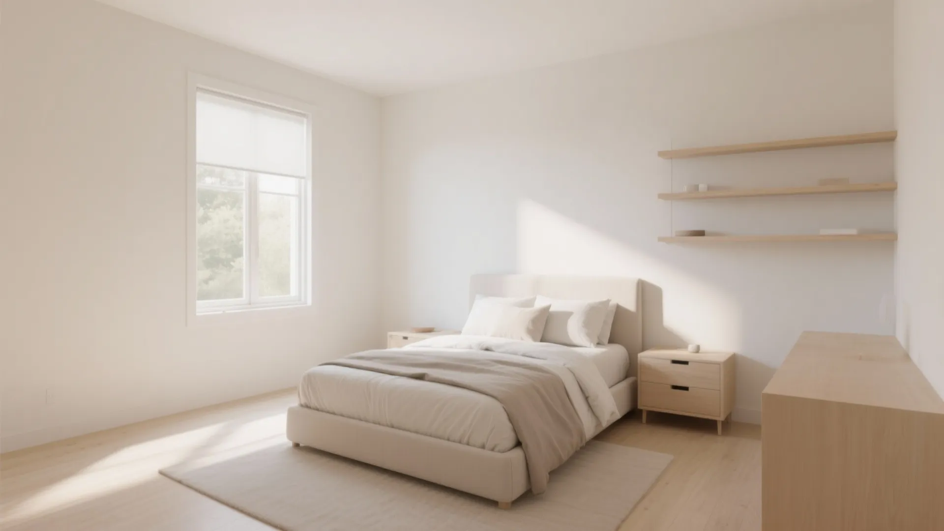 Minimalist bedroom with white walls light wood furniture beige bedding side tables window and sunlight