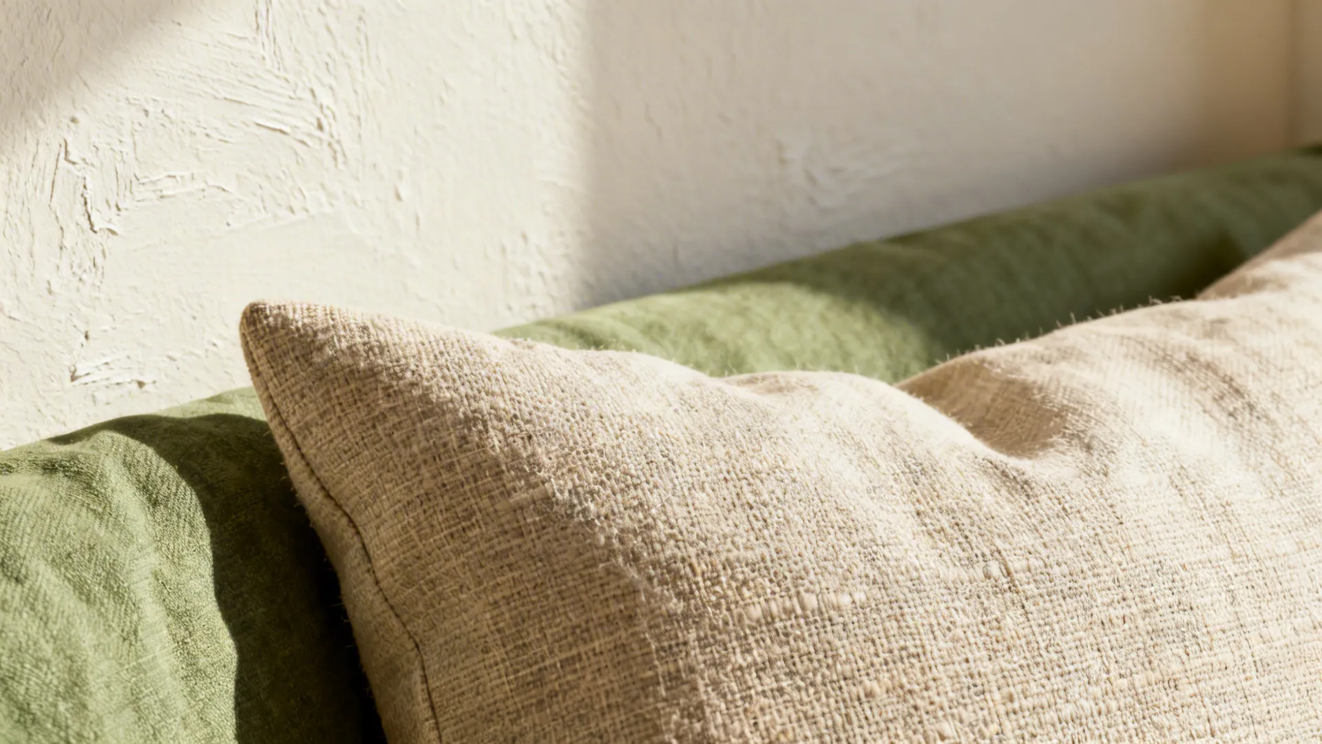 Swatches of warm off-white paint and muted green fabric with linen cushion texture