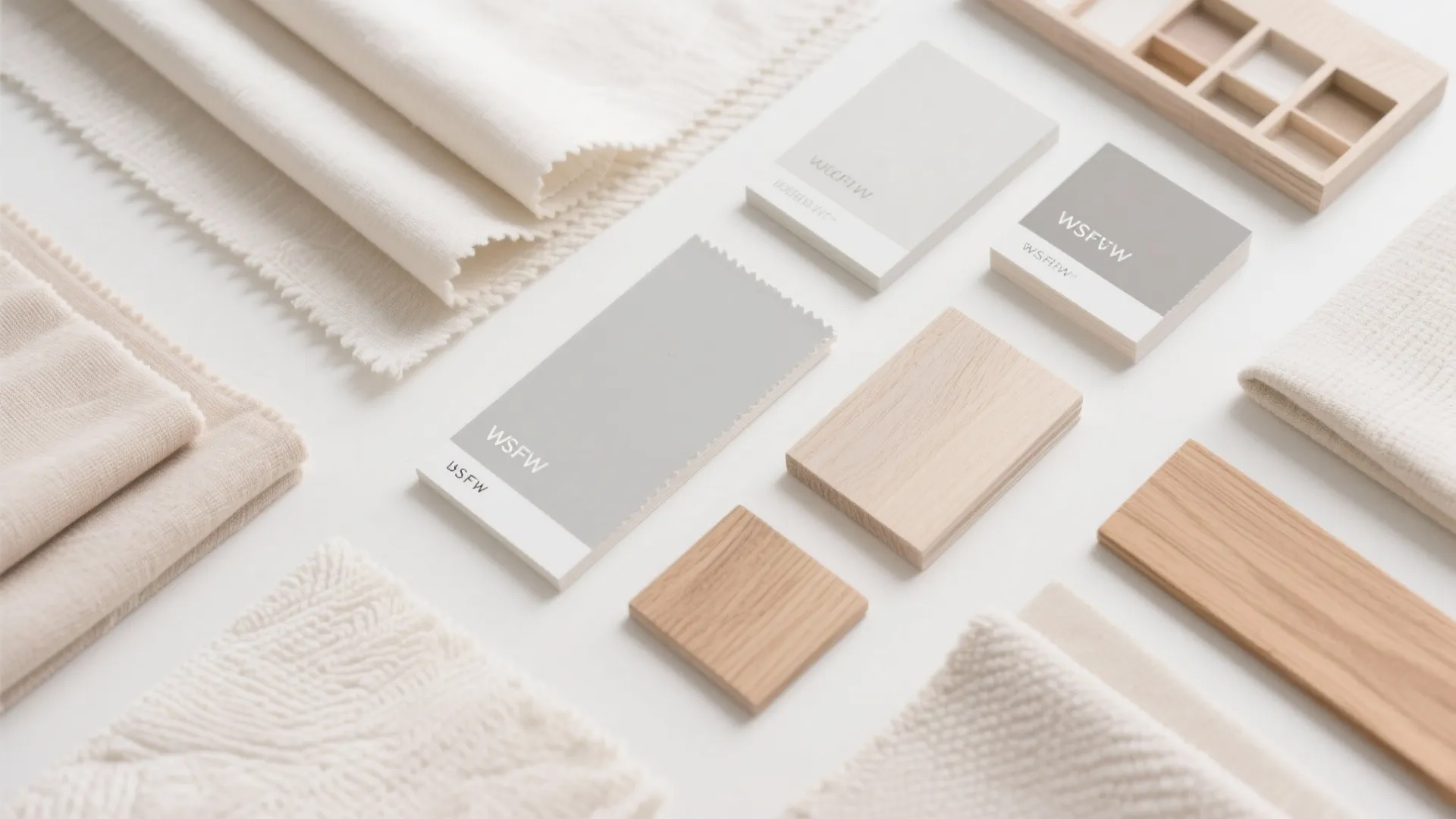 Interior design material samples collection featuring neutral fabric swatches wood blocks and paint color cards