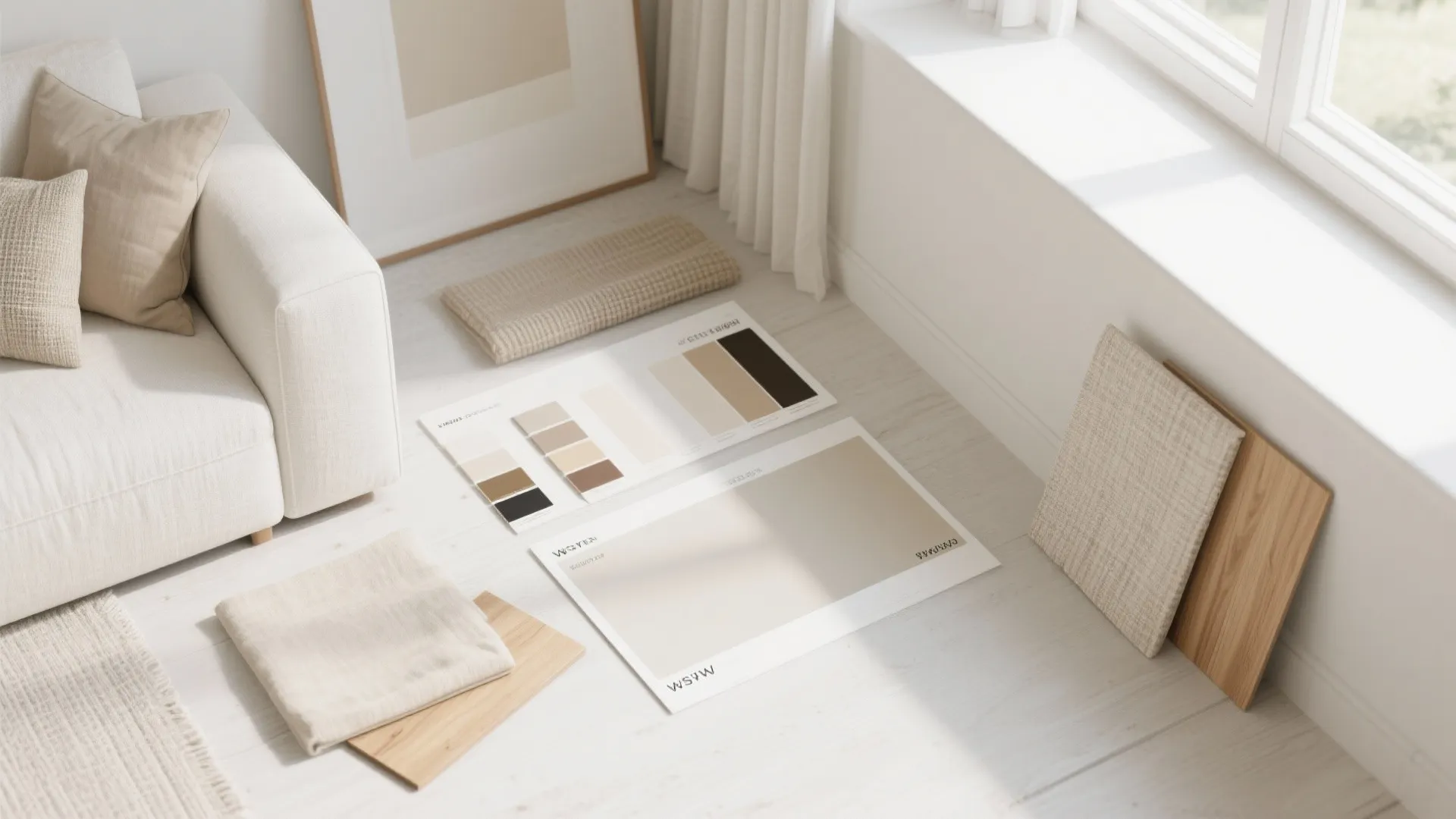 Cream sofa with fabric samples and color palette charts on white wooden floor in sunlight