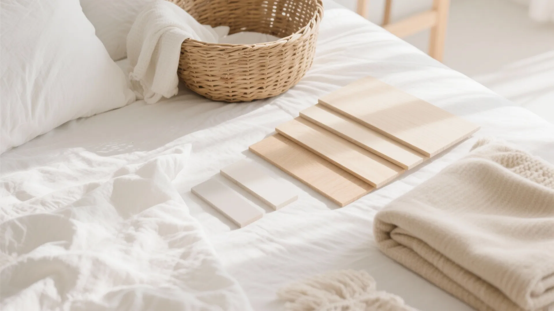 Wooden floor samples and color tiles placed on a white bed next to wicker basket