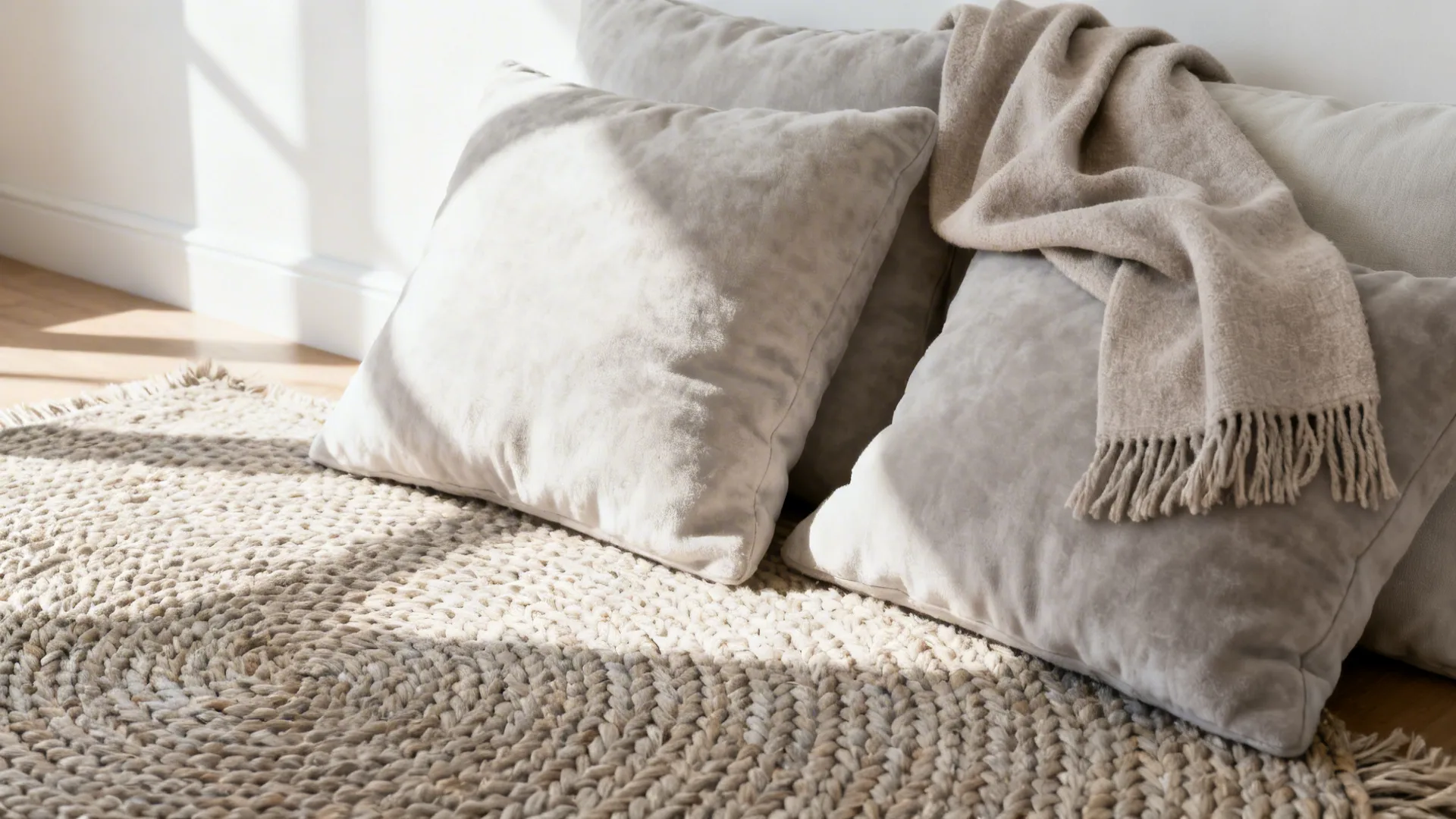 Close-up of woven rug and textured cushions in a pale warm neutral palette