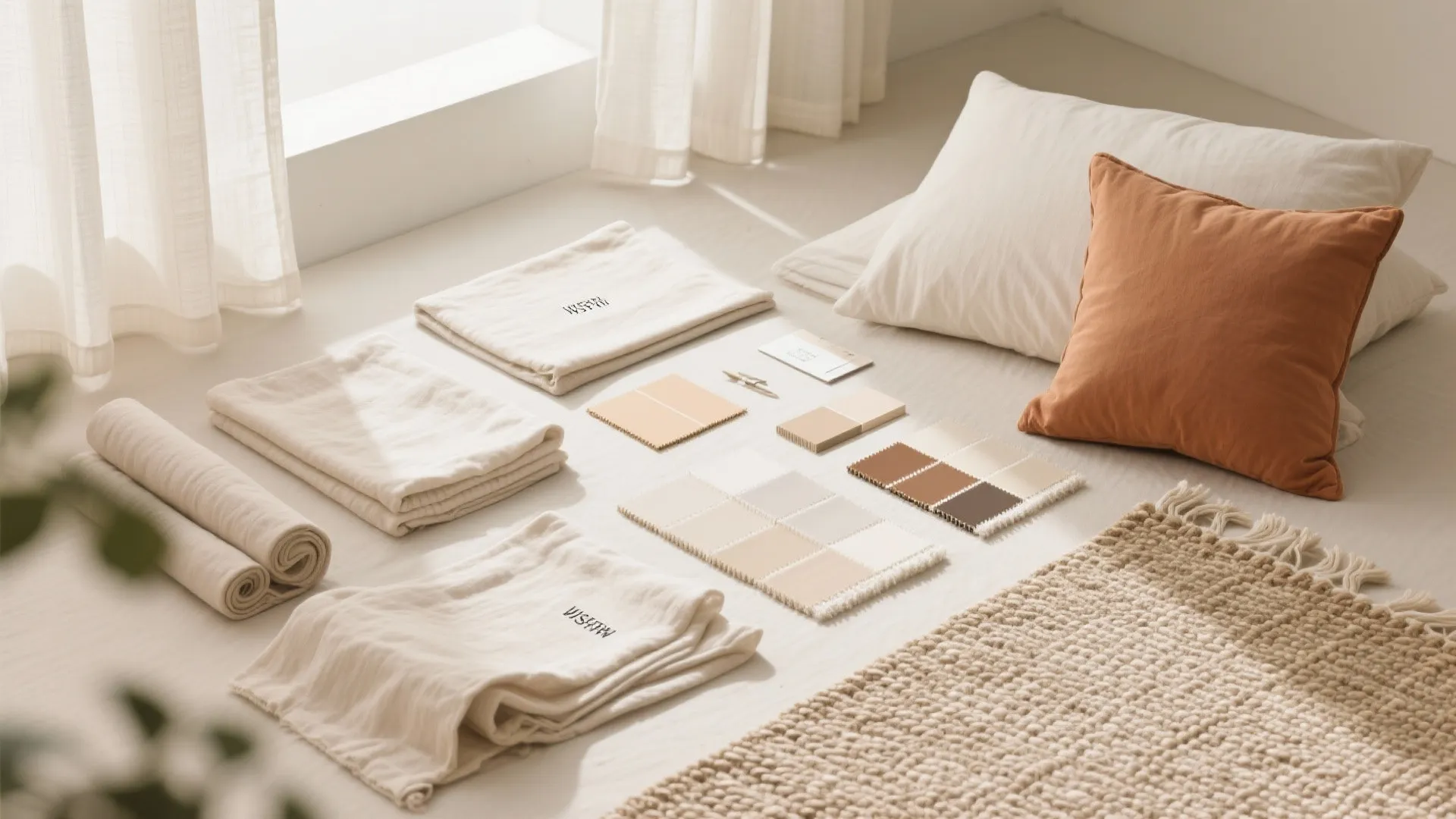 Neutral and light-toned bedroom materials with varied textures