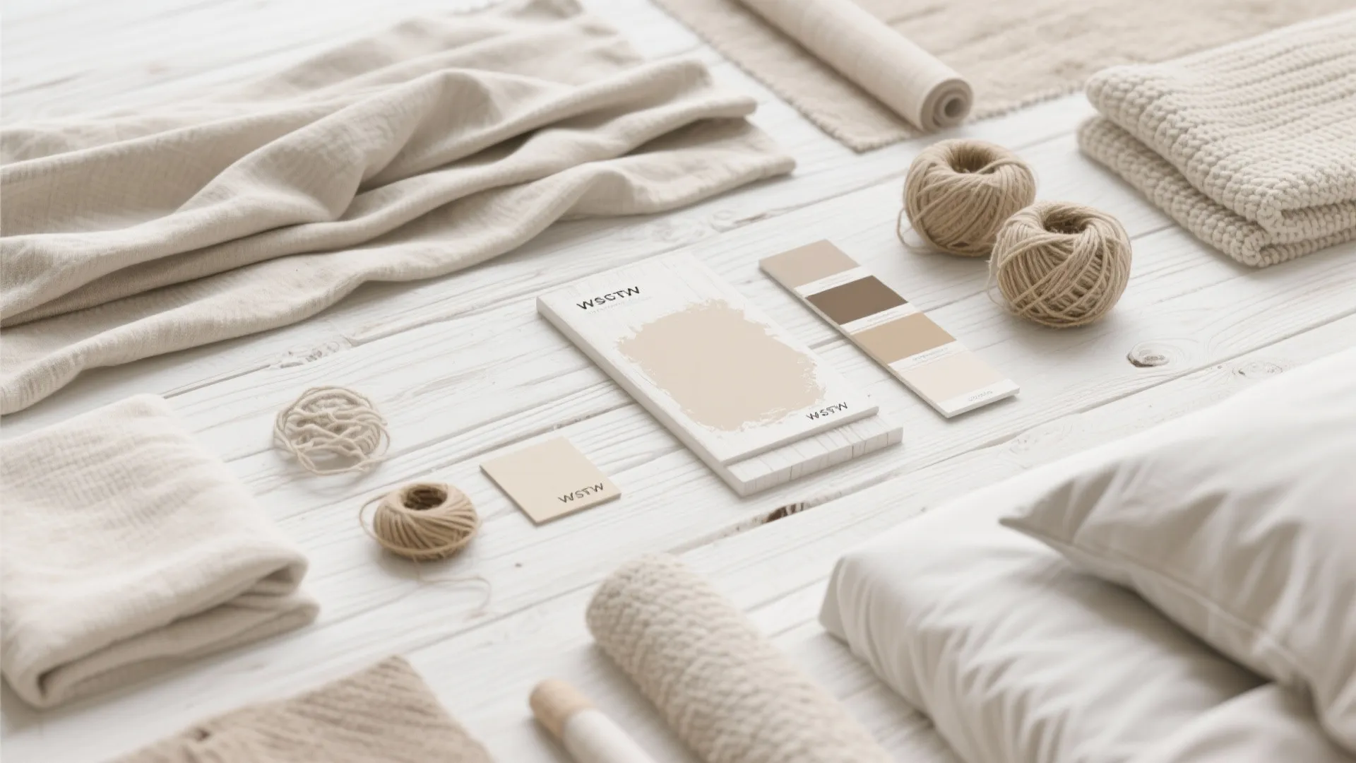Interior design materials showing beige fabric samples color cards and yarn balls on white wood